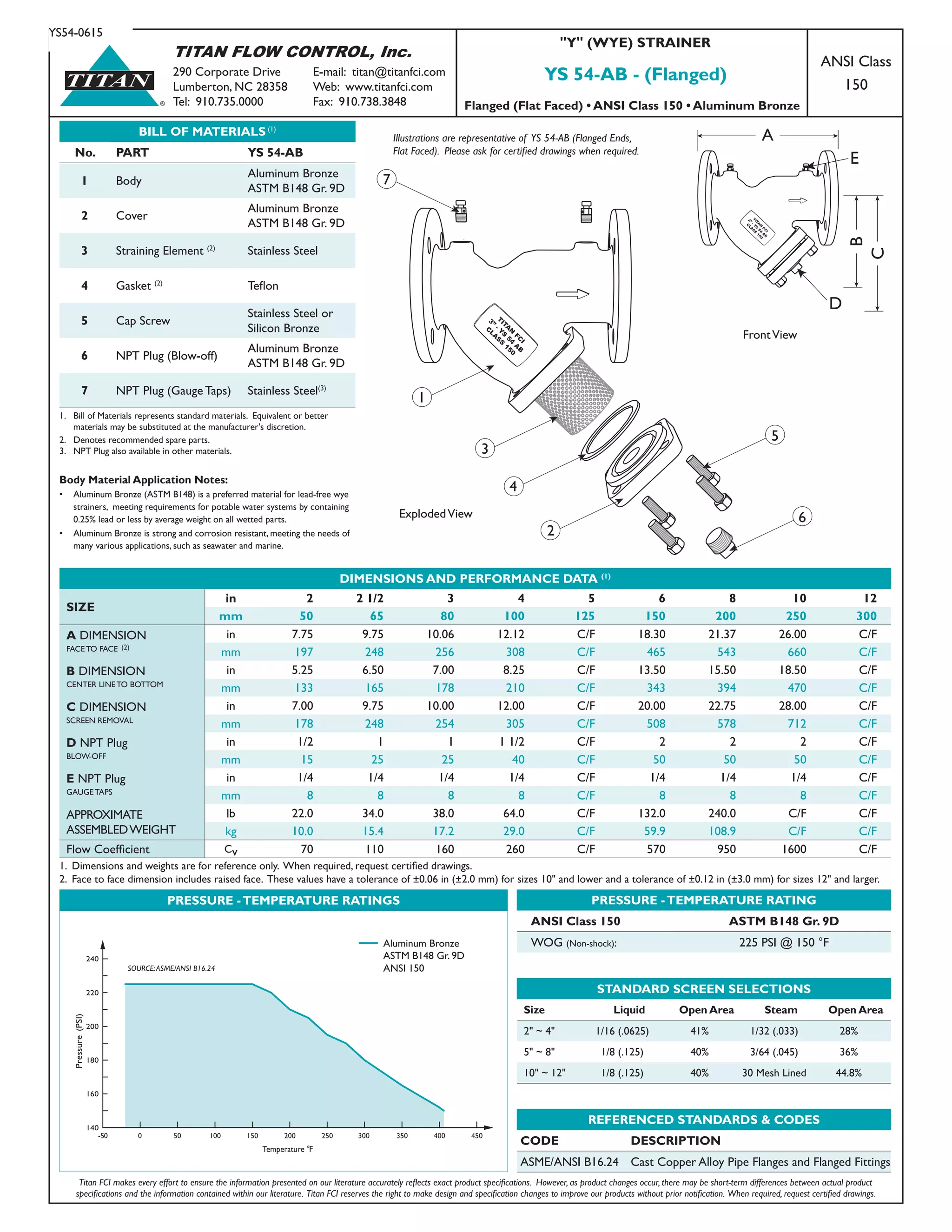 TITAN FLOW CONTROL, Inc.
290 Corporate Drive	 E-mail: titan@titanfci.com
Lumberton, NC 28358	 Web: www.titanfci.com
Tel: 910.735.0000	 Fax: 910.738.3848
YS54-0615
®
TITAN
BILL OF MATERIALS (1)
No. PART YS 54-AB
1 Body
Aluminum Bronze
ASTM B148 Gr. 9D
2 Cover
Aluminum Bronze
ASTM B148 Gr. 9D
3 Straining Element (2)
Stainless Steel
4 Gasket (2)
Teflon
5 Cap Screw
Stainless Steel or
Silicon Bronze
6 NPT Plug (Blow-off)
Aluminum Bronze
ASTM B148 Gr. 9D
7 NPT Plug (Gauge Taps) Stainless Steel(3)
1.	 Bill of Materials represents standard materials. Equivalent or better 		
	 materials may be substituted at the manufacturer's discretion.
2.	 Denotes recommended spare parts.
3.	 NPT Plug also available in other materials.
Titan FCI makes every effort to ensure the information presented on our literature accurately reflects exact product specifications. However, as product changes occur, there may be short-term differences between actual product
specifications and the information contained within our literature. Titan FCI reserves the right to make design and specification changes to improve our products without prior notification. When required, request certified drawings.
"Y" (WYE) STRAINER
YS 54-AB - (Flanged)
Flanged (Flat Faced) • ANSI Class 150 • Aluminum Bronze
ANSI Class
150
1.	 Dimensions and weights are for reference only.  When required, request certified drawings.
2.	 Face to face dimension includes raised face. These values have a tolerance of ±0.06 in (±2.0 mm) for sizes 10" and lower and a tolerance of ±0.12 in (±3.0 mm) for sizes 12" and larger.
DIMENSIONS AND PERFORMANCE DATA (1)
SIZE
in 2 2 1/2 3 4 5 6 8 10 12
mm 50 65 80 100 125 150 200 250 300
A DIMENSION
FACE TO FACE (2)
in 7.75 9.75 10.06 12.12 C/F 18.30 21.37 26.00 C/F
mm 197 248 256 308 C/F 465 543 660 C/F
B DIMENSION
CENTER LINE TO BOTTOM
in 5.25 6.50 7.00 8.25 C/F 13.50 15.50 18.50 C/F
mm 133 165 178 210 C/F 343 394 470 C/F
C DIMENSION
SCREEN REMOVAL
in 7.00 9.75 10.00 12.00 C/F 20.00 22.75 28.00 C/F
mm 178 248 254 305 C/F 508 578 712 C/F
D NPT Plug
BLOW-OFF
in 1/2 1 1 1 1/2 C/F 2 2 2 C/F
mm 15 25 25 40 C/F 50 50 50 C/F
E NPT Plug
GAUGE TAPS
in 1/4 1/4 1/4 1/4 C/F 1/4 1/4 1/4 C/F
mm 8 8 8 8 C/F 8 8 8 C/F
APPROXIMATE
ASSEMBLEDWEIGHT
lb 22.0 34.0 38.0 64.0 C/F 132.0 240.0 C/F C/F
kg 10.0 15.4 17.2 29.0 C/F 59.9 108.9 C/F C/F
Flow Coefficient Cv 70 110 160 260 C/F 570 950 1600 C/F
PRESSURE -TEMPERATURE RATINGS
Temperature °F
Pressure(PSI)
-50 500 100 150 200 250 300 350 400 450
140
160
180
200
220
240
Aluminum Bronze
ASTM B148 Gr. 9D
ANSI 150SOURCE:ASME/ANSI B16.24
PRESSURE -TEMPERATURE RATING
ANSI Class 150 ASTM B148 Gr. 9D
WOG (Non-shock): 225 PSI @ 150 °F
STANDARD SCREEN SELECTIONS
Size Liquid Open Area Steam Open Area
2" ~ 4" 1/16 (.0625) 41% 1/32 (.033) 28%
5" ~ 8" 1/8 (.125) 40% 3/64 (.045) 36%
10" ~ 12" 1/8 (.125) 40% 30 Mesh Lined 44.8%
REFERENCED STANDARDS & CODES
CODE DESCRIPTION
ASME/ANSI B16.24 Cast Copper Alloy Pipe Flanges and Flanged Fittings
Body Material Application Notes:
•	 Aluminum Bronze (ASTM B148) is a preferred material for lead-free wye 	
	 strainers, meeting requirements for potable water systems by containing 	
	 0.25% lead or less by average weight on all wetted parts.
•	 Aluminum Bronze is strong and corrosion resistant, meeting the needs of 	
	 many various applications, such as seawater and marine.
1
4
2
7
5
6
3
A
B
C
E
D
FrontView
ExplodedView
Illustrations are representative of YS 54-AB (Flanged Ends,
Flat Faced). Please ask for certified drawings when required.
 