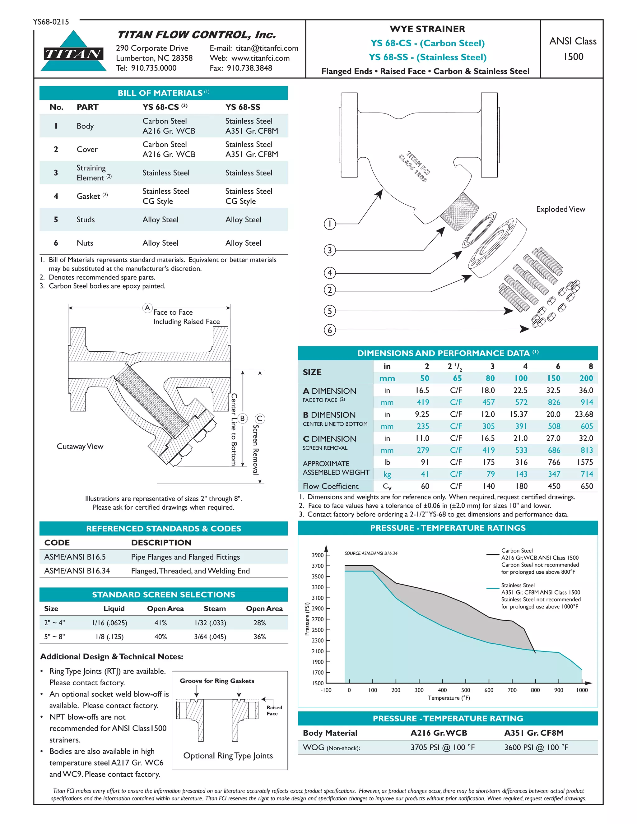 TITAN FLOW CONTROL, Inc.
290 Corporate Drive	 E-mail: titan@titanfci.com
Lumberton, NC 28358	 Web: www.titanfci.com
Tel: 910.735.0000	 Fax: 910.738.3848
ANSI Class
1500
REFERENCED STANDARDS & CODES
CODE DESCRIPTION
ASME/ANSI B16.5 Pipe Flanges and Flanged Fittings
ASME/ANSI B16.34 Flanged,Threaded, and Welding End
YS68-0215
BILL OF MATERIALS (1)
No. PART YS 68-CS (3)
YS 68-SS
1 Body
Carbon Steel
A216 Gr. WCB
Stainless Steel
A351 Gr. CF8M
2 Cover
Carbon Steel
A216 Gr. WCB
Stainless Steel
A351 Gr. CF8M
3
Straining
Element (2) Stainless Steel Stainless Steel
4 Gasket (2) Stainless Steel
CG Style
Stainless Steel
CG Style
5 Studs Alloy Steel Alloy Steel
6 Nuts Alloy Steel Alloy Steel
1.	 Bill of Materials represents standard materials. Equivalent or better materials
	 may be substituted at the manufacturer's discretion.
2.	 Denotes recommended spare parts.
3.	 Carbon Steel bodies are epoxy painted.
TITAN
PRESSURE -TEMPERATURE RATINGS
-100 0 100 200 300 400 500 600 700 800 900 1000
1500
1700
1900
2100
2300
2500
2700
2900
3100
3300
3500
3700
3900
Pressure(PSI)
Temperature (°F)
SOURCE:ASME/ANSI B16.34 Carbon Steel
A216 Gr.WCB ANSI Class 1500
Carbon Steel not recommended
for prolonged use above 800°F
Stainless Steel
A351 Gr. CF8M ANSI Class 1500
Stainless Steel not recommended
for prolonged use above 1000°F
Illustrations are representative of sizes 2" through 8".
Please ask for certified drawings when required.
PRESSURE -TEMPERATURE RATING
Body Material A216 Gr.WCB A351 Gr. CF8M
WOG (Non-shock): 3705 PSI @ 100 °F 3600 PSI @ 100 °F
6
2
5
4
3
1
B
A
C
Face to Face
Including Raised Face
CenterLinetoBottom
ScreenRemoval
ExplodedView
CutawayView
DIMENSIONS AND PERFORMANCE DATA (1)
SIZE
in 2 2 1
/2
3 4 6 8
mm 50 65 80 100 150 200
A DIMENSION
FACE TO FACE (2)
in 16.5 C/F 18.0 22.5 32.5 36.0
mm 419 C/F 457 572 826 914
B DIMENSION
CENTER LINE TO BOTTOM
in 9.25 C/F 12.0 15.37 20.0 23.68
mm 235 C/F 305 391 508 605
C DIMENSION
SCREEN REMOVAL
in 11.0 C/F 16.5 21.0 27.0 32.0
mm 279 C/F 419 533 686 813
APPROXIMATE
ASSEMBLED WEIGHT
lb 91 C/F 175 316 766 1575
kg 41 C/F 79 143 347 714
Flow Coefficient Cv 60 C/F 140 180 450 650
1. Dimensions and weights are for reference only. When required, request certified drawings.
2.	 Face to face values have a tolerance of ±0.06 in (±2.0 mm) for sizes 10" and lower.
3. Contact factory before ordering a 2-1/2"YS-68 to get dimensions and performance data.
Titan FCI makes every effort to ensure the information presented on our literature accurately reflects exact product specifications.  However, as product changes occur, there may be short-term differences between actual product
specifications and the information contained within our literature.  Titan FCI reserves the right to make design and specification changes to improve our products without prior notification.  When required, request certified drawings.
STANDARD SCREEN SELECTIONS
Size Liquid Open Area Steam Open Area
2" ~ 4" 1/16 (.0625) 41% 1/32 (.033) 28%
5" ~ 8" 1/8 (.125) 40% 3/64 (.045) 36%
WYE STRAINER
YS 68-CS - (Carbon Steel)
YS 68-SS - (Stainless Steel)
Flanged Ends • Raised Face • Carbon & Stainless Steel
Additional Design &Technical Notes:
•	 Ring Type Joints (RTJ) are available.
	 Please contact factory.
•	 An optional socket weld blow-off is
	 available. Please contact factory.
•	 NPT blow-offs are not
	 recommended for ANSI Class1500
	 strainers.
•	 Bodies are also available in high
	 temperature steel A217 Gr. WC6
	 and WC9. Please contact factory.
Raised
Face
Optional Ring Type Joints
 