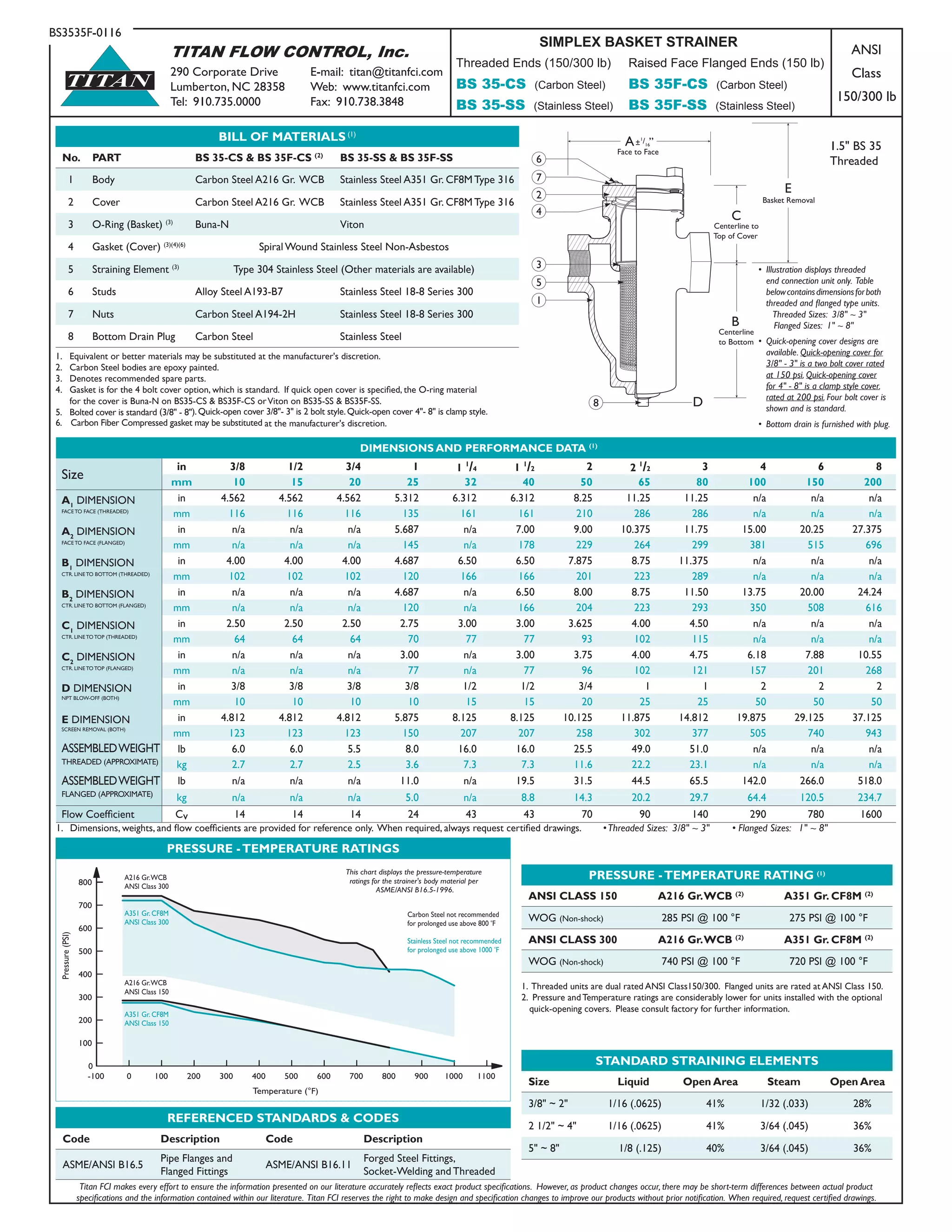 Face to Face
E
C
Centerline to
Top of Cover
B
Centerline
to Bottom
6
2
1
7
4
3
5
8
A±
1
/16”
D
Basket Removal
TITAN FLOW CONTROL, Inc.
290 Corporate Drive	 E-mail: titan@titanfci.com
Lumberton, NC 28358	 Web: www.titanfci.com
Tel: 910.735.0000	 Fax: 910.738.3848
ANSI
Class
150/300 lb
BS3535F-0116
TITAN
REFERENCED STANDARDS & CODES
Code Description Code Description
ASME/ANSI B16.5
Pipe Flanges and
Flanged Fittings
ASME/ANSI B16.11
Forged Steel Fittings,
Socket-Welding and Threaded
PRESSURE -TEMPERATURE RATINGS
A351 Gr. CF8M
ANSI Class 300
Stainless Steel not recommended
for prolonged use above 1000 Fo
A216 Gr.WCB
ANSI Class 300
Carbon Steel not recommended
for prolonged use above 800 Fo
Temperature (°F)
Pressure(PSI)
This chart displays the pressure-temperature
ratings for the strainer's body material per
ASME/ANSI B16.5-1996.
-100 0 100 200 300 400 500 600 700 800 900 1000 1100
0
100
200
300
400
500
600
700
800
A216 Gr.WCB
ANSI Class 150
A351 Gr. CF8M
ANSI Class 150
Titan FCI makes every effort to ensure the information presented on our literature accurately reflects exact product specifications. However, as product changes occur, there may be short-term differences between actual product
specifications and the information contained within our literature. Titan FCI reserves the right to make design and specification changes to improve our products without prior notification. When required, request certified drawings.
SIMPLEX BASKET STRAINER
Threaded Ends (150/300 lb) Raised Face Flanged Ends (150 lb)
BS 35-CS (Carbon Steel) BS 35F-CS (Carbon Steel)
BS 35-SS (Stainless Steel) BS 35F-SS (Stainless Steel)
1.	 Equivalent or better materials may be substituted at the manufacturer's discretion.
2.	 Carbon Steel bodies are epoxy painted.
3.	 Denotes recommended spare parts.
4.	 Gasket is for the 4 bolt cover option, which is standard.  If quick open cover is specified, the O-ring material 	 	
	 for the cover is Buna-N on BS35-CS & BS35F-CS orViton on BS35-SS & BS35F-SS.
5.	 Bolted cover is standard (3/8" - 8").Quick-open cover 3/8"- 3" is 2 bolt style.Quick-open cover 4"- 8" is clamp style.
6. Carbon Fiber Compressed gasket may be substituted at the manufacturer's discretion.
BILL OF MATERIALS (1)
No. PART BS 35-CS & BS 35F-CS (2)
BS 35-SS & BS 35F-SS
1 Body Carbon Steel A216 Gr. WCB Stainless Steel A351 Gr. CF8M Type 316
2 Cover Carbon Steel A216 Gr. WCB Stainless Steel A351 Gr. CF8M Type 316
3 O-Ring (Basket) (3)
Buna-N Viton
4 Gasket (Cover) (3)(4)(6)
Spiral Wound Stainless Steel Non-Asbestos
5 Straining Element (3)
Type 304 Stainless Steel (Other materials are available)
6 Studs Alloy Steel A193-B7 Stainless Steel 18-8 Series 300
7 Nuts Carbon Steel A194-2H Stainless Steel 18-8 Series 300
8 Bottom Drain Plug Carbon Steel Stainless Steel
•	 Illustration displays threaded 		
	 end connection unit only. Table 	
	 belowcontainsdimensionsforboth	
	 threaded and flanged type units.
	 Threaded Sizes: 3/8" ~ 3"
	 Flanged Sizes: 1" ~ 8"
1. 	 Dimensions, weights, and flow coefficients are provided for reference only.  When required, always request certified drawings. •Threaded Sizes: 3/8" ~ 3" • Flanged Sizes: 1" ~ 8"
DIMENSIONS AND PERFORMANCE DATA (1)
Size
in 3/8 1/2 3/4 1 1 1
/4 1 1
/2 2 2 1
/2 3 4 6 8
mm 10 15 20 25 32 40 50 65 80 100 150 200
A1
DIMENSION
FACE TO FACE (THREADED)
in 4.562 4.562 4.562 5.312 6.312 6.312 8.25 11.25 11.25 n/a n/a n/a
mm 116 116 116 135 161 161 210 286 286 n/a n/a n/a
A2
DIMENSION
FACE TO FACE (FLANGED)
in n/a n/a n/a 5.687 n/a 7.00 9.00 10.375 11.75 15.00 20.25 27.375
mm n/a n/a n/a 145 n/a 178 229 264 299 381 515 696
B1
DIMENSION
CTR. LINE TO BOTTOM (THREADED)
in 4.00 4.00 4.00 4.687 6.50 6.50 7.875 8.75 11.375 n/a n/a n/a
mm 102 102 102 120 166 166 201 223 289 n/a n/a n/a
B2
DIMENSION
CTR. LINE TO BOTTOM (FLANGED)
in n/a n/a n/a 4.687 n/a 6.50 8.00 8.75 11.50 13.75 20.00 24.24
mm n/a n/a n/a 120 n/a 166 204 223 293 350 508 616
C1
DIMENSION
CTR. LINE TO TOP (THREADED)
in 2.50 2.50 2.50 2.75 3.00 3.00 3.625 4.00 4.50 n/a n/a n/a
mm 64 64 64 70 77 77 93 102 115 n/a n/a n/a
C2
DIMENSION
CTR. LINE TO TOP (FLANGED)
in n/a n/a n/a 3.00 n/a 3.00 3.75 4.00 4.75 6.18 7.88 10.55
mm n/a n/a n/a 77 n/a 77 96 102 121 157 201 268
D DIMENSION
NPT BLOW-OFF (BOTH)
in 3/8 3/8 3/8 3/8 1/2 1/2 3/4 1 1 2 2 2
mm 10 10 10 10 15 15 20 25 25 50 50 50
E DIMENSION
SCREEN REMOVAL (BOTH)
in 4.812 4.812 4.812 5.875 8.125 8.125 10.125 11.875 14.812 19.875 29.125 37.125
mm 123 123 123 150 207 207 258 302 377 505 740 943
ASSEMBLEDWEIGHT
THREADED (APPROXIMATE)
lb 6.0 6.0 5.5 8.0 16.0 16.0 25.5 49.0 51.0 n/a n/a n/a
kg 2.7 2.7 2.5 3.6 7.3 7.3 11.6 22.2 23.1 n/a n/a n/a
ASSEMBLEDWEIGHT
FLANGED (APPROXIMATE)
lb n/a n/a n/a 11.0 n/a 19.5 31.5 44.5 65.5 142.0 266.0 518.0
kg n/a n/a n/a 5.0 n/a 8.8 14.3 20.2 29.7 64.4 120.5 234.7
Flow Coefficient Cv 14 14 14 24 43 43 70 90 140 290 780 1600
PRESSURE -TEMPERATURE RATING (1)
ANSI CLASS 150 A216 Gr.WCB (2)
A351 Gr. CF8M (2)
WOG (Non-shock) 285 PSI @ 100 °F 275 PSI @ 100 °F
ANSI CLASS 300 A216 Gr.WCB (2)
A351 Gr. CF8M (2)
WOG (Non-shock) 740 PSI @ 100 °F 720 PSI @ 100 °F
1. Threaded units are dual rated ANSI Class150/300. Flanged units are rated at ANSI Class 150.
2. Pressure and Temperature ratings are considerably lower for units installed with the optional 	
	 quick-opening covers. Please consult factory for further information.
• 	Quick-opening cover designs are 	
	 available. Quick-opening cover for
	 3/8" - 3" is a two bolt cover rated
	 at 150 psi. Quick-opening cover
	 for 4" - 8" is a clamp style cover. 	
	 rated at 200 psi. Four bolt cover is 	
	 shown and is standard.
• 	Bottom drain is furnished with plug.
1.5" BS 35
Threaded
STANDARD STRAINING ELEMENTS
Size Liquid Open Area Steam Open Area
3/8" ~ 2" 1/16 (.0625) 41% 1/32 (.033) 28%
2 1/2" ~ 4" 1/16 (.0625) 41% 3/64 (.045) 36%
5" ~ 8" 1/8 (.125) 40% 3/64 (.045) 36%
 