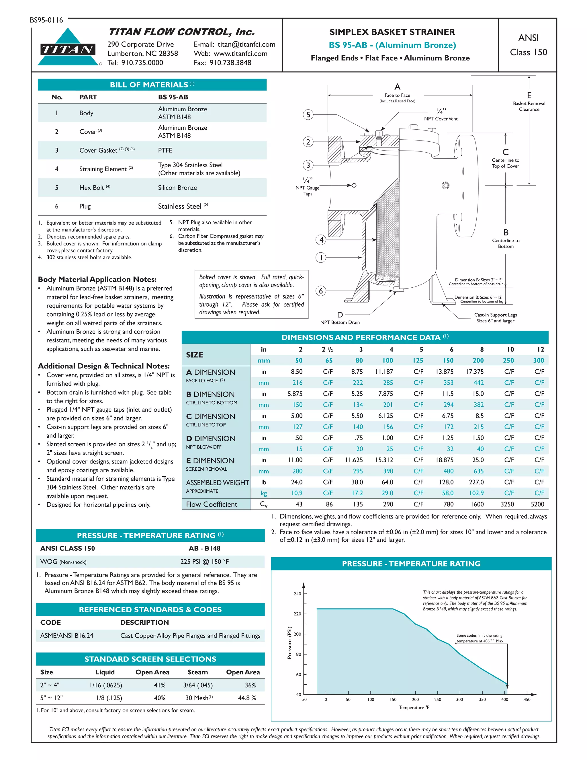 TITAN FLOW CONTROL, Inc.
290 Corporate Drive	 E-mail: titan@titanfci.com
Lumberton, NC 28358	 Web: www.titanfci.com
Tel: 910.735.0000	 Fax: 910.738.3848
ANSI
Class 150
SIMPLEX BASKET STRAINER
BS 95-AB - (Aluminum Bronze)
Flanged Ends • Flat Face • Aluminum Bronze
BS95-0116
BILL OF MATERIALS (1)
No. PART BS 95-AB
1 Body
Aluminum Bronze
ASTM B148
2 Cover (3) Aluminum Bronze
ASTM B148
3 Cover Gasket (2) (3) (6)
PTFE
4 Straining Element (2) Type 304 Stainless Steel
(Other materials are available)
5 Hex Bolt (4)
Silicon Bronze
6 Plug Stainless Steel (5)
1.	 Equivalent or better materials may be substituted 	
	 at the manufacturer's discretion.
2.	 Denotes recommended spare parts.
3.	 Bolted cover is shown. For information on clamp 	
	 cover, please contact factory.
4.	 302 stainless steel bolts are available.
®
TITAN
Titan FCI makes every effort to ensure the information presented on our literature accurately reflects exact product specifications. However, as product changes occur, there may be short-term differences between actual product
specifications and the information contained within our literature. Titan FCI reserves the right to make design and specification changes to improve our products without prior notification. When required, request certified drawings.
Additional Design &Technical Notes:
•	 Cover vent, provided on all sizes, is 1/4" NPT is 	
	 furnished with plug.
•	 Bottom drain is furnished with plug.  See table 		
	 to the right for sizes.
•	 Plugged 1/4" NPT gauge taps (inlet and outlet) 		
	 are provided on sizes 6" and larger.
•	 Cast-in support legs are provided on sizes 6" 	 	
	 and larger.
•	 Slanted screen is provided on sizes 2 1
/2
" and up; 	
	 2" sizes have straight screen.
•	 Optional cover designs, steam jacketed designs 		
	 and epoxy coatings are available.
•	 Standard material for straining elements is Type 	
	 304 Stainless Steel. Other materials are 		
	 available upon request.
•	 Designed for horizontal pipelines only.
Body Material Application Notes:
•	 Aluminum Bronze (ASTM B148) is a preferred 	
	 material for lead-free basket strainers, meeting 	
	 requirements for potable water systems by 	
	 containing 0.25% lead or less by average 	
	 weight on all wetted parts of the strainers.
•	 Aluminum Bronze is strong and corrosion 	
	 resistant, meeting the needs of many various 	
	 applications, such as seawater and marine.
DIMENSIONS AND PERFORMANCE DATA (1)
SIZE
in 2 2 1
/2 3 4 5 6 8 10 12
mm 50 65 80 100 125 150 200 250 300
A DIMENSION
FACE TO FACE (2)
in 8.50 C/F 8.75 11.187 C/F 13.875 17.375 C/F C/F
mm 216 C/F 222 285 C/F 353 442 C/F C/F
B DIMENSION
CTR. LINE TO BOTTOM
in 5.875 C/F 5.25 7.875 C/F 11.5 15.0 C/F C/F
mm 150 C/F 134 201 C/F 294 382 C/F C/F
C DIMENSION
CTR. LINE TO TOP
in 5.00 C/F 5.50 6.125 C/F 6.75 8.5 C/F C/F
mm 127 C/F 140 156 C/F 172 215 C/F C/F
D DIMENSION
NPT BLOW-OFF
in .50 C/F .75 1.00 C/F 1.25 1.50 C/F C/F
mm 15 C/F 20 25 C/F 32 40 C/F C/F
E DIMENSION
SCREEN REMOVAL
in 11.00 C/F 11.625 15.312 C/F 18.875 25.0 C/F C/F
mm 280 C/F 295 390 C/F 480 635 C/F C/F
ASSEMBLEDWEIGHT
APPROXIMATE
lb 24.0 C/F 38.0 64.0 C/F 128.0 227.0 C/F C/F
kg 10.9 C/F 17.2 29.0 C/F 58.0 102.9 C/F C/F
Flow Coefficient Cv 43 86 135 290 C/F 780 1600 3250 5200
1. 	Dimensions, weights, and flow coefficients are provided for reference only.   When required, always
	 request certified drawings.
2.	 Face to face values have a tolerance of ±0.06 in (±2.0 mm) for sizes 10" and lower and a tolerance
	 of ±0.12 in (±3.0 mm) for sizes 12" and larger.
2
3
4
1
5
6
A
(Includes Raised Face)
C
Centerline to
Top of Cover
B
Centerline to
Bottom
D
NPT Bottom Drain
¼”
NPT CoverVent
¼”
NPT Gauge
Taps
Cast-in Support Legs
Sizes 6” and larger
E
Basket Removal
Clearance
Face to Face
Dimension B: Sizes 2”~ 5”
Centerline to bottom of boss drain
Dimension B: Sizes 6”~12”
Centerline to bottom of leg
Bolted cover is shown. Full rated, quick-
opening, clamp cover is also available.
Illustration is representative of sizes 6"
through 12". Please ask for certified
drawings when required.
PRESSURE -TEMPERATURE RATING
Temperature °F
Pressure(PSI)
-50 500 100 150 200 250 300 350 400 450
140
160
180
200
220
240
Some codes limit the rating
temperature at 406 Max°F
This chart displays the pressure-temperature ratings for a
strainer with a body material of ASTM B62 Cast Bronze for
reference only. The body material of the BS 95 is Aluminum
Bronze B148, which may slightly exceed these ratings.REFERENCED STANDARDS & CODES
CODE DESCRIPTION
ASME/ANSI B16.24 Cast Copper Alloy Pipe Flanges and Flanged Fittings
PRESSURE -TEMPERATURE RATING (1)
ANSI CLASS 150 AB - B148
WOG (Non-shock) 225 PSI @ 150 °F
1.	 Pressure - Temperature Ratings are provided for a general reference. They are
	 based on ANSI B16.24 for ASTM B62. The body material of the BS 95 is
	 Aluminum Bronze B148 which may slightly exceed these ratings.
STANDARD SCREEN SELECTIONS
Size Liquid Open Area Steam Open Area
2" ~ 4" 1/16 (.0625) 41% 3/64 (.045) 36%
5" ~ 12" 1/8 (.125) 40% 30 Mesh(1)
44.8 %
1. For 10" and above, consult factory on screen selections for steam.
5.	 NPT Plug also available in other 	
	 materials.
6.	 Carbon Fiber Compressed gasket may
	 be substituted at the manufacturer's 	
	 discretion.
 