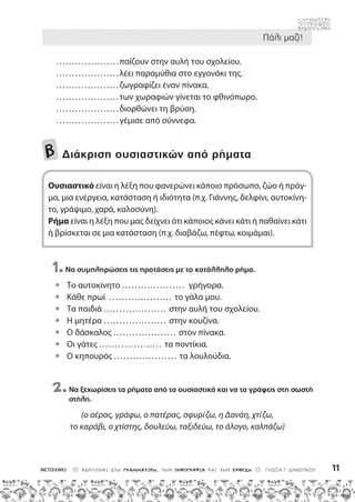 Πάλι μαζί!
ΑΣΚΟΥΜΑΙ ΣΤΗ ΓΡΑΜΜΑΤΙΚΗ, ΤΗΝ ΟΡΘΟΓΡΑΦΙΑ ΚΑΙ ΤΗΝ ΕΚΘΕΣΗ ΓΛΩΣΣΑ Γ΄ ΔΗΜΟΤΙΚΟΥ 11
....................παίζουν στην αυλή του σχολείου.
....................λέει παραμύθια στο εγγονάκι της.
....................ζωγραφίζει έναν πίνακα.
....................των χωραφιών γίνεται το φθινόπωρο.
. . . . . . . . . . . . ........διορθώνει τη βρύση.
. . . . . . . . . . . . ........γέμισε από σύννεφα.
β Διάκριση ουσιαστικών από ρήματα
Ουσιαστικό είναι η λέξη που φανερώνει κάποιο πρόσωπο, ζώο ή πράγ-
μα, μια ενέργεια, κατάσταση ή ιδιότητα (π.χ. Γιάννης, δελφίνι, αυτοκίνη-
το, γράψιμο, χαρά, καλοσύνη).
Ρήμα είναι η λέξη που μας δείχνει ότι κάποιος κάνει κάτι ή παθαίνει κάτι
ή βρίσκεται σε μια κατάσταση (π.χ. διαβάζω, πέφτω, κοιμάμαι).
1.
Να συμπληρώσεις τις προτάσεις με το κατάλληλο ρήμα.
• Το αυτοκίνητο .................... γρήγορα.
• Κάθε πρωί .................... το γάλα μου.
• Τα παιδιά .................... στην αυλή του σχολείου.
• Η μητέρα .................... στην κουζίνα.
• Ο δάσκαλος .................... στον πίνακα.
• Οι γάτες .................... τα ποντίκια.
• Ο κηπουρός .................... τα λουλούδια.
2.
Να ξεχωρίσεις τα ρήματα από τα ουσιαστικά και να τα γράψεις στη σωστή
στήλη.
(ο αέρας, γράφω, ο πατέρας, σφυρίζω, η Δανάη, χτίζω,
το καράβι, ο χτίστης, δουλεύω, ταξιδεύω, το άλογο, καλπάζω)
 