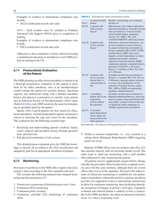 88
Examples of evidence to demonstrate compliance may
include:
•	 ACLS certification records and cards
4-9.5… Each resident must be certified in Pediatric
Advanced Life Support (PALS) prior to completion of
training.
Examples of evidence to demonstrate compliance may
include:
•	 PALS certification records and cards
Adherence to these standards is strictly enforced ensuring
a standardized education in anesthesia to each OMS resi-
dent in training in the US.
6.11	 Preanesthetic Evaluation
of the Patient
The OMS planning an office-based anesthetic is trained to do
a thorough preoperative evaluation of the patient to deem
them fit for office anesthesia. Just as an anesthesiologist
would evaluate the patient for systemic disease, functional
capacity and medications along with a detailed anesthetic
history and physical examination to classify every patient
into an American Society of Anesthesiologists (ASA) status
(Table 6.2) [16], every OMS would do the same for formulat-
ing an anesthetic plan for the patient.
Ideally, ASA I and II patients are best suited for office-­
based anesthetics. Careful preanesthetic patient evaluation is
critical in choosing the type and venue for the anesthetic.
This evaluation has the following essential steps:
•	 Reviewing and understanding patient’s medical, family,
social, surgical, and anesthetic history through question-
naire and interview.
•	 Full physical examination of all systems.
This detailed preop evaluation gives the OMS the knowl-
edge to classify all according to the ASA classification and
adequately plan for an appropriate anesthesia technique.
6.12	 Monitoring
Provision of anesthesia in the OMS office requires that mon-
itoring is done according to the ASA standards and more.
This includes the following minimal time-stamped moni-
toring and documentation [17].
	
1.	 Noninvasive monitoring of blood pressure every 5 min
	
2.	 Continuous ECG monitoring
	
3.	 Continuous pulse oximetry
	
4.	Continuous end-tidal CO2 monitoring of ventilatory
effort
	
5.	Ability to measure temperature, i.e., very essential in a
setting where Malignant Hyperthermia (MH) triggering
agents are in use.
Majority of OMS offices now use monitor units (Fig. 6.5)
that interface directly with an electronic health record. The
entire team is clued into monitoring with a staff member
often dedicated to only monitoring the patient.
All patients receive supplemental oxygen before, during,
and after the procedure. Most facilities have a separate recov-
ery area with the same monitors, although there are several
offices that recover in the operatory. The goal is the improve-
ment of efficacious monitoring to establish the safe perfor-
mance of anesthetic without the need for a separate anesthesia
provider. It is imperative to have a meticulously trained team
to allow for continuous monitoring, thus facilitating immedi-
ate recognition of changes in patient’s vital signs. A properly
evaluated and selected patient is unlikely to have a catastro-
phe in the OMS anesthetic, but when an untoward event does
occur, it is often a respiratory event.
Table 6.2  ASA physical status classification system.
ASA I
A normal healthy
patient
Healthy, nonsmoking, no or minimal
alcohol use
ASA II A patient with
mild systemic
disease
Mild diseases only without substantive
functional limitations. Examples include
(but not limited to): Current smoker,
social alcohol drinker, pregnancy,
obesity (30  BMI  40), well-
controlled DM/HTN, mild lung disease
ASA III A patient with
severe systemic
disease
Substantive functional limitations; one
or more moderate-to-severe diseases.
Examples include (but not limited to):
Poorly controlled DM or HTN, COPD,
morbid obesity (BMI ≥40), active
hepatitis, alcohol dependence or abuse,
implanted pacemaker, moderate
reduction of ejection fraction, ESRD
undergoing regularly scheduled dialysis,
premature infant PCA  60 weeks,
history (3 months) of MI, CVA, TIA,
or CAD/stents.
ASA IV A patient with
severe systemic
disease that is a
constant threat to
life
Examples include (but not limited to):
Recent ( 3 months) MI, CVA, TIA, or
CAD/stents, ongoing cardiac ischemia
or severe valve dysfunction, severe
reduction of ejection fraction, sepsis,
DIC, ARD or ESRD not undergoing
regularly scheduled dialysis
ASA V A moribund
patient who is not
expected to
survive without
the operation
Examples include (but not limited to):
Ruptured abdominal/thoracic aneurysm,
massive trauma, intracranial bleed with
mass effect, ischemic bowel in the face
of significant cardiac pathology or
multiple organ/system dysfunction
ASA VI A declared
brain-dead patient
whose organs are
being removed for
donor purposes
Developed By: ASA House of Delegates/Executive Committee
P. Verma and D. G. Krishnan
 
