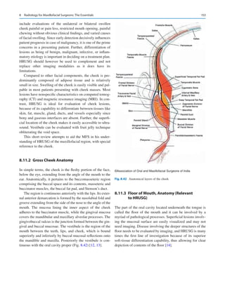 153
include evaluations of the unilateral or bilateral swollen
cheek painful or pain less, restricted mouth opening, painful
chewing without obvious clinical findings, and varied causes
of facial swelling. Since early detection decisively influences
patient prognosis in case of malignancy, it is one of the prime
concerns in a presenting patient. Further, differentiation of
lesions as being of benign, malignant, infective, or inflam-
matory etiology is important in deciding on a treatment plan.
HRUSG should however be used to complement and not
replace other imaging modalities as it does have its
limitations.
Compared to other facial components, the cheek is pre-
dominantly composed of adipose tissue and is relatively
small in size. Swelling of the cheek is easily visible and pal-
pable in most patients presenting with cheek masses. Most
lesions have nonspecific characteristics on computed tomog-
raphy (CT) and magnetic resonance imaging (MRI). In con-
trast, HRUSG is ideal for evaluation of cheek lesions,
because of its capability to differentiate between tissues like
skin, fat, muscle, gland, ducts, and vessels especially since
bony and gaseous interfaces are absent. Further, the superfi-
cial location of the cheek makes it easily accessible to ultra-
sound. Vestibule can be evaluated with fruit jelly technique
obliterating the void space.
This short review attempts to aid the MFS in his under-
standing of HRUSG of the maxillofacial region, with special
reference to the cheek.
8.11.2	 
Gross Cheek Anatomy
In simple terms, the cheek is the fleshy portion of the face,
below the eye, extending from the angle of the mouth to the
ear. Anatomically, it pertains to the buccomasseteric region
comprising the buccal space and its contents, masseteric and
buccinator muscles, the buccal fat pad, and Stenson’s duct.
The region is continuous anteriorly with the lips. Its exter-
nal anterior demarcation is formed by the nasolabial fold and
groove extending from the side of the nose to the angle of the
mouth. The mucosa lining the inner aspect of the cheek
adheres to the buccinator muscle, while the gingival mucosa
covers the mandibular and maxillary alveolar processes. The
gingivobuccal sulcus is the junction formed between the gin-
gival and buccal mucosae. The vestibule is the region of the
mouth between the teeth, lips, and cheek, which is bound
superiorly and inferiorly by buccal mucosal reflections onto
the mandible and maxilla. Posteriorly the vestibule is con-
tinuous with the oral cavity proper (Fig. 8.42) [12, 13].
8.11.3	 
Floor of Mouth, Anatomy (Relevant
to HRUSG)
The part of the oral cavity located underneath the tongue is
called the floor of the mouth and it can be involved by a
myriad of pathological processes. Superficial lesions involv-
ing the mucosal surface are easily visualized and may not
need imaging. Disease involving the deeper structures of the
floor needs to be evaluated by imaging, and HRUSG is many
times the first line of investigation because of its superior
soft-tissue differentiation capability, thus allowing for clear
depiction of contents of the floor [14].
©Association of Oral and Maxillofacial Surgeons of India
Fig. 8.42  Anatomical layers of the cheek
8  Radiology for Maxillofacial Surgeons: The Essentials
 