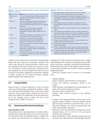 176
members of the surgical team, environment of the operating
theater and tools, materials  instruments brought to the
sterile zones during the surgical procedure. Various strate-
gies employed to prevent or control the occurrence of surgi-
cal site infections include reducing the contamination by
microorganisms on the sterile surgical instruments as well as
the body of the patient, prophylactic preoperative antibiotic
coverage, carrying out the surgical procedure carefully,
proper handling of the operating room.
9.4	 Surgical Safety
Surgical safety is of utmost importance in order to prevent
major and life-threatening complications leading to undue
loss of life and patient morbidity. Thus, a list of ten essential
objectives with a surgical safety checklist have been eluci-
dated by the WHO to be followed by all the personnel pres-
ent in the operating room to reduce the risk of such
complications [7] (Tables 9.2 and 9.3).
9.5	 
Environmental Control and Design

Operating Room (OR)
The operating room or operating theater is a facility within a
hospital where surgical procedures are carried out in an asep-
tic environment. Since the operating theater is a highly ster-
ile, aseptic, and restricted area in a hospital setting, it is
mandatory for all the personnel concerned to have a proper
understanding of the working of the operation theater abid-
ing by certain laws, regulations, and professional guidelines.
Integrated infection control in the operation theater is the key
to decreasing morbidity and mortality among the patients
undergoing surgery.
Following essentials must be present in an operating
room:
–
– Adequate lighting
–
– Proper ventilation with 20 (ACH) air changes/hour
–
– Correct and sufficient instruments needed in the
surgery
–
– Proper machines and equipment for monitoring the con-
dition of the patients during the surgeries
–
– Emergency drugs and other items
–
– Separate rooms should be present to carry different
procedures
•	 Location of the Operating Theater: The location of the
operation theater should be such that adequate natural
light and proper ventilation is present. For this, a two- or
three-story building away from the general hustle and
bustle of the hospital is preferred.
•	 Operation rooms: The standard recommended size of the
operation theater is 6.5 m × 6.5 m × 3.5 m and can be
modified as per requirement
•	 Doors and Windows: There should be separate entry and
exit doors. The width of the door should be approximately
Table 9.1  Historical background leading to proper sterilization and
disinfection protocols
Year Event
• First century
BC.
Varo and Columella postulated that diseases were
caused by invisible beings, “animals minutia,”
inhaled or ingested
• 500 AD Sushruta instructed operating team members to
clean and fumigate the operating theater with
vapors of certain disinfectants prior to all surgical
procedures
• 1493–1541 Paracelsus, called the father of medicine,
reformed pharmacopeia and introduced
compositions of lead, copper, sulfur, iron, and
mercury
• 1546 Fracastorious proposed a “contagion vivum,” as
the possible cause of infectious diseases.
• 1827–1912 Joseph Lister, “father of modern surgery,”
demonstrated that antisepsis could prevent
infections; also known as “Listerian era”
• 1889 William Stewart Halsted introduced rubber gloves
for his scrub nurse
• 1882 Robert Koch introduced the use of mercuric
bichloride as antiseptic agents and isolated the
bacilli of tuberculosis
• 1880s and
1890s.
Sterilization of instruments, hand washing, and
the wearing of masks, caps, gloves, and gowns
was introduced
Table 9.2  WHO: Ten essential objectives for safe surgery
  (1) 
The operating team must ensure that the correct surgical
procedure is to be carried out on the correct patient.
  (2) 
The operating personnel should have adequate knowledge
regarding the anesthesia, its methods of administration as well
as its effects so that minimum pain is experienced by the
patient.
  (3) 
The operating personnel should be well prepared for any
life-threatening conditions like loss of airway or respiratory
function.
  (4) 
The operating team should be prepared for risk of high loss of
blood.
  (5) 
The operating team should be well versed with the history of
the patient in order to prevent or induce any allergic or adverse
drug reactions that can cause a significant risk for the patient.
  (6) 
Care must be taken to minimize the formation of surgical site
infections by using proper measures.
  (7) 
Proper care must be taken to not leave any instrument or any
foreign material at the surgical site.
  (8) 
All specimens should be carefully identified and secured for
further investigations.
  (9) 
Proper communication must be present among the operating
team personnel for the safe conduct of the surgical procedure.
(10) 
A routine surveillance of the surgical volume, safety protocols,
capacities, and the outcomes must be carried out by all the
hospitals and the health care systems.
R. K. Bali
 