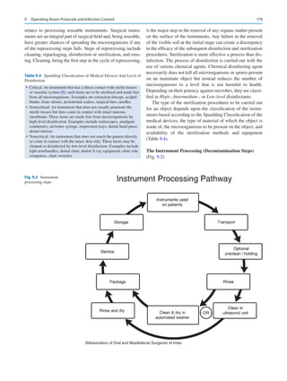 179
relates to processing reusable instruments. Surgical instru-
ments are an integral part of surgical field and, being reusable,
have greater chances of spreading the microorganisms if any
of the reprocessing steps fails. Steps of reprocessing include
cleaning, repackaging, disinfection or sterilization, and reus-
ing. Cleaning, being the first step in the cycle of reprocessing,
is the major step in the removal of any organic matter present
on the surface of the instruments. Any failure in the removal
of the visible soil at the initial stage can create a discrepancy
in the efficacy of the subsequent disinfection and sterilization
procedures. Sterilization is more effective a process than dis-
infection. The process of disinfection is carried out with the
use of various chemical agents. Chemical disinfecting agent
necessarily does not kill all microorganisms or spores present
on an inanimate object but instead reduces the number of
microorganisms to a level that is not harmful to health.
Depending on their potency against microbes, they are classi-
fied as High-, Intermediate-, or Low-level disinfectants.
The type of the sterilization procedures to be carried out
for an object depends upon the classification of the instru-
ments based according to the Spaulding Classification of the
medical devices, the type of material of which the object is
made of, the microorganisms to be present on the object, and
availability of the sterilization methods and equipment
(Table 9.4).
The Instrument Processing (Decontamination Steps)
(Fig. 9.2)
Table 9.4  Spaulding Classification of Medical Devices And Level of
Disinfection
• 
Critical: An instrument that has a direct contact with sterile tissues
or vascular system [8]; such items are to be sterilized and made free
from all microorganisms. Examples are extraction forceps, scalpel
blades, bone chisels, periodontal scalers, surgical burs, needles
• 
Semicritical: An instrument that does not usually penetrate the
sterile tissues but does come in contact with intact mucous
membrane. These items are made free from microorganisms by
high-level disinfection. Examples include endoscopes, amalgam
condensers, air/water syringe, impression trays, dental hand piece,
dental mirrors
• 
Noncritical: An instrument that does not touch the patient directly
or come in contact with the intact skin only. These items may be
cleaned or disinfected by low-level disinfection. Examples include
light arm/handles, dental chair, dental X-ray equipment, chair side
computers, chair switches.
©Association of Oral and Maxillofacial Surgeons of India
Fig. 9.2 Instrument
processing steps
9  Operating Room Protocols and Infection Control
 