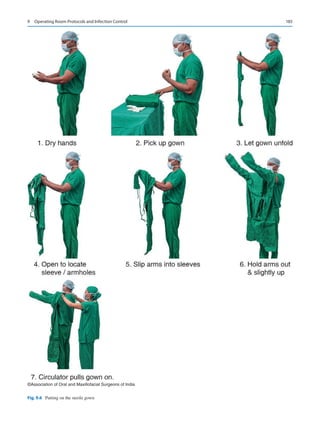 185
©Association of Oral and Maxillofacial Surgeons of India
Fig. 9.6  Putting on the sterile gown
9  Operating Room Protocols and Infection Control
 