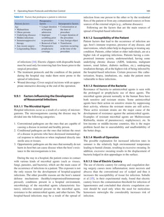 189
of infections [14]. Electric clippers with disposable heads
must be used only for removing hair few hours prior to the
surgical procedure.
•	 The treatment protocols and the condition of the patient
during the hospital stay make them more prone to the
spread of infections.
•	 Wound dressings: Cover surgical incisions with an appro-
priate interactive dressing at the end of the operation.
9.9.1	 
Factors Influencing the Development
of Nosocomial Infections
9.9.1.1	 
The Microbial Agent
Hospital infections occur as a result of a variety of microor-
ganisms. The microorganisms causing the disease may be
divided into the following categories:
	
1.	 Conventional pathogens are the ones that are capable of
causing a disease in normal and healthy person.
	
2.	 Conditional pathogens are the ones that initiate the onset
of a disease in persons who have decreased immunologi-
cal response to infection or when implanted directly into
sterile area or tissues.
	
3.	 Opportunistic pathogens are the ones that normally do not
harm its host but can cause disease when the host’s resis-
tance to the microorganisms is low.
During the stay in a hospital, the patient comes in contact
with various kinds of microbial agents (such as viruses,
fungi, parasites, and bacteria), which are the main cause of
the occurrence of infections in a patient. This exposure is not
the only reason for the development of hospital-acquired
infections. The other possible reasons are the host’s natural
defense mechanisms (healthy/compromised/immunosup-
pressed), conditions present in a hospital environment,
microbiology of the microbial agents (characteristic fea-
tures), infective material present on the microbial agent,
resistance to the antimicrobial agents, and other factors. The
hospital-based infections may be a result of the spread of
infection from one person to the other or by the residential
flora of the patient or from any contaminated sources or from
sources of the external origin (e.g., airborne diseases).
Following are the factors that are the main sources of
spread of hospital-based infections:
9.9.1.2	 Susceptibility of the Patient
Patient factors that lead to the occurrence of infection are
age, host’s immune response, presence of any disease, and
interventions, which either help in diagnosing or treating any
condition. Patients, either infant or older individuals, are at a
higher risk of acquiring infections. Patients having a com-
promised immune system, undernourished, having some
underlying chronic disease (AIDS, leukemia, malignant
tumors, renal failure, diabetes mellitus, etc.), undergoing
irradiation therapy, all at the highest risk of being infected by
the hospital-based infections. Certain processes like cathe-
terization, biopsy, intubations, etc. make the patient more
vulnerable to these infections.
9.9.1.3	 Resistance of the Bacteria
Resistance of bacteria to antimicrobial agents is seen with
the prolonged or prophylactic use of these agents. The
­
microbial agents present normally in the human flora have
both sensitive and resistant strains. Some antimicrobial
agents have their action on sensitive strains by suppressing
their activity, whereas the resistant strains are still active.
These active resistant strains are the major cause of the
development of resistance against the antimicrobial agents.
Examples of resistant microbial agents are Multiresistant
Klebsiella, strains of pneumococci, staphylococci, etc. In
low-income or middle-income countries, this is the major
problem faced due to unavailability and unaffordability of
the better drugs.
9.9.1.4	 Month of Operation
The possible explanation for increased infection rates in
summer is the relatively high environmental temperature
leading to humid climate, resulting in excessive sweating. In
addition, excessive sweating results in the displacement of
bacteria lodged in skin appendages to the surface.
9.9.1.5	 
Use of Electric Cautery
The use of electric cautery for cutting and coagulation dur-
ing surgery causes more inflammation; more necrosis and
abscess than the conventional use of scalpel and thus it
increases the susceptibility of tissue for infection. Soballe
et al [15], in their experimental study, found that electric
cautery lowers the contamination threshold for infection of
laparotomies and concluded that electric coagulation cur-
rent should be used only when the need for meticulous
hemostasis outweighs the considerably increases risk of
infection.
Table 9.5  Factors that predispose a patient to infection
Patients factors
Preoperative
factors Intraoperative factors
Age
• Malnutrition
• Obese persons
• Underlying diseases
• Hidden infections
• Immunosuppressive
therapy
• 
Any recent surgery
• Longstanding illness
• Longer duration
of hospital
admission
• Improper
scrubbing prior
to procedure
• 
Removal of hair
• Preoperative
prophylactic
coverage
• Contamination at
the time of
procedure
• 
Longer duration of
the procedure
• 
Any foreign object
• Transfusion
reactions occurring
at the time of the
procedure
9  Operating Room Protocols and Infection Control
 
