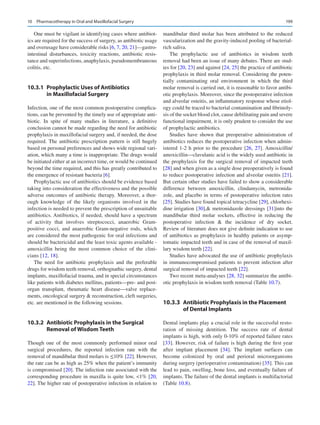 199
One must be vigilant in identifying cases where antibiot-
ics are required for the success of surgery, as antibiotic usage
and overusage have considerable risks [6, 7, 20, 21]—gastro-
intestinal disturbances, toxicity reactions, antibiotic resis-
tance and superinfections, anaphylaxis, pseudomembraneous
colitis, etc.
10.3.1  
Prophylactic Uses of Antibiotics
in Maxillofacial Surgery
Infection, one of the most common postoperative complica-
tions, can be prevented by the timely use of appropriate anti-
biotic. In spite of many studies in literature, a definitive
conclusion cannot be made regarding the need for antibiotic
prophylaxis in maxillofacial surgery and, if needed, the dose
required. The antibiotic prescription pattern is still hugely
based on personal preferences and shows wide regional vari-
ation, which many a time is inappropriate. The drugs would
be initiated either at an incorrect time, or would be continued
beyond the time required, and this has greatly contributed to
the emergence of resistant bacteria [6].
Prophylactic use of antibiotics should be evidence based
taking into consideration the effectiveness and the possible
adverse outcomes of antibiotic therapy. Moreover, a thor-
ough knowledge of the likely organisms involved in the
infection is needed to prevent the prescription of unsuitable
antibiotics. Antibiotics, if needed, should have a spectrum
of activity that involves streptococci, anaerobic Gram-
positive cocci, and anaerobic Gram-negative rods, which
are considered the most pathogenic for oral infections and
should be bactericidal and the least toxic agents available -
amoxicillin being the most common choice of the clini-
cians [12, 18].
The need for antibiotic prophylaxis and the preferable
drugs for wisdom teeth removal, orthognathic surgery, dental
implants, maxillofacial trauma, and in special circumstances
like patients with diabetes mellitus, patients—pre- and post-
organ transplant, rheumatic heart disease—valve replace-
ments, oncological surgery  reconstruction, cleft surgeries,
etc. are mentioned in the following sessions.
10.3.2  
Antibiotic Prophylaxis in the Surgical
Removal of Wisdom Teeth
Though one of the most commonly performed minor oral
surgical procedures, the reported infection rate with the
removal of mandibular third molars is ≤10% [22]. However,
the rate can be as high as 25% when the patient’s immunity
is compromised [20]. The infection rate associated with the
corresponding procedure in maxilla is quite low, 1% [20,
22]. The higher rate of postoperative infection in relation to
mandibular third molar has been attributed to the reduced
vascularization and the gravity-induced pooling of bacterial-­
rich saliva.
The prophylactic use of antibiotics in wisdom teeth
removal had been an issue of many debates. There are stud-
ies for [20, 23] and against [24, 25] the practice of antibiotic
prophylaxis in third molar removal. Considering the poten-
tially contaminating oral environment in which the third
molar removal is carried out, it is reasonable to favor antibi-
otic prophylaxis. Moreover, since the postoperative infection
and alveolar osteitis, an inflammatory response whose etiol-
ogy could be traced to bacterial contamination and fibrinoly-
sis of the socket blood clot, cause debilitating pain and severe
functional impairment, it is only prudent to consider the use
of prophylactic antibiotics.
Studies have shown that preoperative administration of
antibiotics reduces the postoperative infection when admin-
istered 1-2 h prior to the procedure [26, 27]. Amoxicillin/
amoxicillin—clavulanic acid is the widely used antibiotic in
the prophylaxis for the surgical removal of impacted teeth
[28] and when given as a single dose preoperatively is found
to reduce postoperative infection and alveolar osteitis [21].
But certain other studies have failed to show a considerable
difference between amoxicillin, clindamycin, metronida-
zole, and placebo in terms of postoperative infection rates
[25]. Studies have found topical tetracycline [29], chlorhexi-
dine irrigation [30], metronidazole dressings [31]into the
mandibular third molar sockets, effective in reducing the
postoperative infection  the incidence of dry socket.
Review of literature does not give definite indication to use
of antibiotics as prophylaxis in healthy patients or asymp-
tomatic impacted teeth and in case of the removal of maxil-
lary wisdom teeth [22].
Studies have advocated the use of antibiotic prophylaxis
in immunocompromised patients to prevent infection after
surgical removal of impacted teeth [22].
Two recent meta-analyses [28, 32] summarize the antibi-
otic prophylaxis in wisdom teeth removal (Table 10.7).
10.3.3  Antibiotic Prophylaxis in the Placement
of Dental Implants
Dental implants play a crucial role in the successful resto-
ration of missing dentition. The success rate of dental
implants is high, with only 0-10% of reported failure rates
[33]. However, risk of failure is high during the first year
after implant placement [34]. The implant surfaces can
become colonized by oral and perioral microorganisms
during surgery (perioperative contamination) [35]. This can
lead to pain, swelling, bone loss, and eventually failure of
implants. The failure of the dental implants is multifactorial
(Table 10.8).
10  Pharmacotherapy in Oral and Maxillofacial Surgery
 