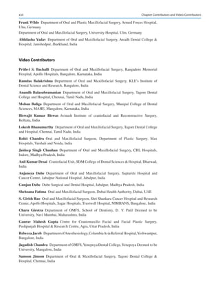 xxii
Frank Wilde  Department of Oral and Plastic Maxillofacial Surgery, Armed Forces Hospital,
Ulm, Germany
Department of Oral and Maxillofacial Surgery, University Hospital, Ulm, Germany
Abhilasha Yadav  Department of Oral and Maxillofacial Surgery, Awadh Dental College 
Hospital, Jamshedpur, Jharkhand, India
Video Contributors
Prithvi  S.  Bachalli Department of Oral and Maxillofacial Surgery, Rangadore Memorial
Hospital, Apollo Hospitals, Bangalore, Karnataka, India
Ramdas  Balakrishna Department of Oral and Maxillofacial Surgery, KLE’s Institute of
Dental Science and Research, Bangalore, India
Anandh Balasubramanian Department of Oral and Maxillofacial Surgery, Tagore Dental
College and Hospital, Chennai, Tamil Nadu, India
Mohan Baliga Department of Oral and Maxillofacial Surgery, Manipal College of Dental
Sciences, MAHE, Mangalore, Karnataka, India
Biswajit  Kumar  Biswas Avinash Institute of craniofacial and Reconstructive Surgery,
Kolkata, India
Lokesh Bhanumurthy  Department of Oral and Maxillofacial Surgery, Tagore Dental College
and Hospital, Chennai, Tamil Nadu, India
Rohit  Chandra Oral and Maxillofacial Surgeon, Department of Plastic Surgery, Max
Hospitals, Vaishali and Noida, India
Jaideep  Singh  Chauhan Department of Oral and Maxillofacial Surgery, CHL Hospitals,
Indore, Madhya Pradesh, India
Anil Kumar Desai  Craniofacial Unit, SDM College of Dental Sciences  Hospital, Dharwad,
India
Anjaneya  Dube Department of Oral and Maxillofacial Surgery, Saptarshi Hospital and
Cancer Centre, Jabalpur National Hospital, Jabalpur, India
Gunjan Dube  Dube Surgical and Dental Hospital, Jabalpur, Madhya Pradesh, India
Shehzana Fatima  Oral and Maxillofacial Surgeon, Dubai Health Authority, Dubai, UAE
S. Girish Rao  Oral and Maxillofacial Surgeon, Shri Shankara Cancer Hospital and Research
Center, Apollo Hospitals, Sagar Hospitals, Trustwell Hospital, NIMHANS, Bangalore, India
Charu  Girotra Department of OMFS, School of Dentistry, D.  Y. Patil Deemed to be
University, Navi Mumbai, Maharashtra, India
Gaurav  Mahesh  Gupta Centre for Craniomaxillo Facial and Facial Plastic Surgery,
Pushpanjali Hospital  Research Centre, Agra, Uttar Pradesh, India
Rebecca Jacob  DepartmentofAnesthesiology,ColumbiaAsiaReferralHospital,Yeshwantpur,
Bangalore, India
Jagadish Chandra  Department of OMFS,Yenepoya Dental College,Yenepoya Deemed to be
University, Mangalore, India
Samson  Jimson Department of Oral  Maxillofacial Surgery, Tagore Dental College 
Hospital, Chennai, India
Chapter Contributors and Video Contributors
 