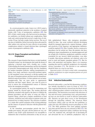 204
In a recent prospective study, Azner et al. (2015) noted a
statistically significant reduction in the incidence of palatal
fistulas with 5  days of postoperative antibiotics [69]. But
80% of their control group, who had received no postopera-
tive antibiotics, too healed without any complications. Both
study and control groups had received a single dose of cefu-
roxime 30 mg / kg body weight, before incision. The use of
one dose of antibiotics before incision has been advocated by
other authors also and may be more effective in preventing
complications related to wound infection than a prolonged
course of postoperative antibiotics [68].
10.3.10  Organ Transplant and Antibiotic
Prophylaxis
The concept of organ donation had always excited mankind.
Twentieth century saw developments that made the dream of
replacing a diseased organ with a healthy one a reality.
Understanding the human immunology and the development
of powerful immunosuppressant drugs laid the foundation
for modern transplant medicine, making transplantation of
kidney, liver, lungs, and heart a successful treatment option.
As the transplant science advanced, so did the numbers and
life span of transplant patients and their need for dental/max-
illofacial surgical procedures. As these patients are on immu-
nosuppressants, they are more prone to opportunistic
infections and their sequel. Hence, care must be given to
treat or remove the existing/potential sources of infection
before the transplant procedures.
In a pretransplant patient, the need for maintaining oral
hygiene should be stressed upon. The treating physician
should be consulted with regard to the fitness to undergo the
planned procedures and the safety of using any drugs if
required. Drugs, which have a hepatic metabolism or renal
clearance, should be used with caution in patients with com-
promised liver or kidney function. The selection of antibiot-
ics is made after careful evaluation of the existing pathology
and the chances of spread of infection with the planned den-
tal treatment.
In the immediate post-transplant period—the first 3
months post-surgery, the graft, and the patient are very vul-
nerable to any insult—graft anastomoses are susceptible to
endarteriris due to bacterial colonization as they are not yet
fully epithelialized. Hence, only emergency procedures
should be done. Any acute orofacial infection developing
should be managed aggressively, surgical drainage, culture
and sensitivity of the organism, and appropriate antibiotics
would be required [70].After 3 months, elective, noninvasive
procedures can be carried out. Since the patients who have
undergone organ transplantation are immunosuppressed and
are at high risk of infection, prophylactic antibiotics need to
considered for any invasive dental procedures, even after
6 months. Beta-lactam antibiotics are relatively safer to be
used in renal and hepatic transplant patients [71]. But for
those with meticulous oral hygiene, there is no consensus
regarding the need for antibiotic prophylaxis for minimally
invasive procedures [71]. The decision to use antibiotics
should be done on a case-to-case basis.
Important points to be kept in mind while contemplating
antibiotic prophylaxis in organ transplant patients are given
in Table 10.14.
10.4	 Infective Endocarditis
Bacterial endocarditis, a rare but life-threatening condition,
was initially described by Lewis  Grant in 1923 [72].
They suggested that bacteria released into the blood stream
after a dental procedure colonize on the heart valves or the
endocardium. The bacteremia associated with infections of
skin and soft tissues, genitourinary tract, and gastrointesti-
nal tract are also known to result in infective endocarditis
(IE). Bacteria can gain direct access to the bloodstream
through the indwelling catheters. The American Heart
Association (AHA) came up with the first guidelines to
reduce the risk of IE following invasive procedures in 1955
[73]. The AHA guidelines have been updated regularly
since then and the latest one was released in 2007 [74]. The
2007 guidelines categorized cardiac conditions into having
a low risk, moderate risk, and high risk of developing IE
and advocated the use of antibiotic prophylaxis only in
Table 10.13 Factors contributing to wound dehiscence in cleft
surgeries
Wide clefts
Closure under tension
Bilateral clefts
Long duration of surgery
Poor technique—traumatized nasal mucosa
Independent of potential oral pathogens
Table 10.14  Key points—organ transplant and antibiotic prophylaxis
Pretransplant patients—stress on
  1.  Elimination of potential focus of infection,
  2.  Oral hygiene,
  3.  Liver / kidney friendly drugs.
Post-transplant patients:
Immediate postop:
  1.  Only emergency procedures,
  2.  Aggressive management of infections.
3 months postop—noninvasive elective procedures
6 months postop—invasive elective procedures under antibiotics
Beta-lactam antibiotics - relatively safer to be used in renal and
hepatic transplant patients [72]
No consensus on minimally invasive procedures in patients with
meticulous oral hygiene [71]
L. P. Rao
 