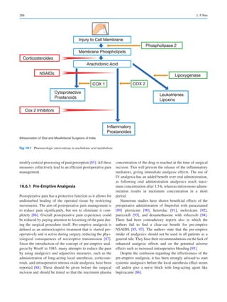206
modify cortical processing of pain perception [85]. All these
measures collectively lead to an efficient postoperative pain
management.
10.6.1  Pre-Emptive Analgesia
Postoperative pain has a protective function as it allows for
undisturbed healing of the operated tissue by restricting
movements. The aim of postoperative pain management is
to reduce pain significantly, but not to eliminate it com-
pletely [86]. Overall postoperative pain experience could
be reduced by paying attention to lessening of the pain dur-
ing the surgical procedure itself. Pre-emptive analgesia is
defined as an antinociceptive treatment that is started pre-
operatively and is active during surgery, reducing the phys-
iological consequences of nociceptive transmission [87].
Since the introduction of the concept of pre-emptive anal-
gesia by Woolf in 1983, many attempts to reduce the pain
by using analgesics and adjunctive measures, such as the
administration of long-­
acting local anesthesia, corticoste-
roids, and intraoperative nitrous oxide analgesia, have been
reported [88]. These should be given before the surgical
incision and should be timed so that the maximum plasma
concentration of the drug is reached at the time of surgical
incision. This will prevent the release of the inflammatory
mediators, giving immediate analgesic effects. The use of
IV analgesia has an added benefit over oral administration,
as following oral administration analgesics reach maxi-
mum concentration after 1.5 h, whereas intravenous admin-
istration results in maximum concentration in a short
period.
Numerous studies have shown beneficial effects of the
preoperative administration of ibuprofen with paracetamol
[89] piroxicam [90], ketorolac [91], meloxicam [92],
parecoxib [93], and dexamethasone with rofecoxib [94].
There had been contradictory reports also in which the
authors fail to find a clear-cut benefit for pre-emptive
NSAIDS [95, 97]. The authors state that the pre-emptive
intake of analgesics should not be used in all patients as a
general rule. They base their recommendations on the lack of
enhanced analgesic effects and on the potential adverse
effects such as increased intraoperative bleeding [95].
Despite the confusion regarding the effectiveness of the
pre-emptive analgesia, it has been strongly advised to start
systemic analgesics before the local anesthesia effect wears
off and/or give a nerve block with long-acting agent like
bupivacaine [86].
©Association of Oral and Maxillofacial Surgeons of India
Fig. 10.1  Pharmacologic interventions in arachidonic acid metabolism
L. P. Rao
 