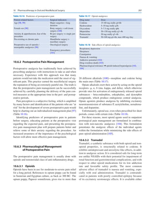 207
10.6.2  
Postoperative Pain Management
Postoperative analgesia has traditionally been achieved by
prescribing analgesics with instructions to take as and when
necessary. Experience with this approach was that many
patients would not take the medication until the onset of sig-
nificant pain. This practice earned the maxillofacial surgery
the reputation of being an extremely painful one. The truth is
that the postoperative pain management can be successfully
achieved by carefully planning the delivery of the pain con-
trol measures at the appropriate time in the peri- and postop-
erative periods.
Pain perception is a subjective feeling, which is amplified
by many factors and identification of the patients who are “at
risk” for the development of severe postoperative pain would
help in charting out an individualized management plan [97]
(Table 10.16).
Identifying predictors of postoperative pain in patients
before surgery, educating patients at the preoperative visit
regarding the expected pain, and presenting the postopera-
tive pain management plan will prepare patients better and
relieve some of their anxiety regarding the procedure. An
increased awareness of the importance of the psychological
factors will allow more effective pain management.
10.6.3  Pharmacological Management
of Postoperative Pain
The postoperative pain management is usually done with
opioids and nonsteroidal class of anti-inflammatory drugs.
10.6.3.1	 Opioids
Opioids have been in use for moderate-to-severe pain relief
for a long period. References to opium poppy can be found
in Sumerian and Egyptian culture, as back as 300 BC. The
opium poppy, Papaver somniferum, gives rise to more than
20 different alkaloids [100]—morphine and codeine being
the main ones (Table 10.17).
Opiate alkaloids exert their action by acting on the opioid
receptors- μ, κ, δ (mu, kappa, and delta), which otherwise
provide sites for activation of endogenously released opioid
substances  - beta-endorphins, enkephalins, and dynorphin
compounds, which produce endogenous central analgesia.
Opiate agonists produce analgesia by inhibiting excitatory
neurotransmission of substance P, acetylcholine, noradrena-
line, and dopamine.
Unfortunately, opioid use, even when prescribed for short
periods, comes with certain risks (Table 10.18).
For these reasons, most opioid agents used in outpatient
postsurgical pain management are formulated in combina-
tion with non-narcotic analgesics [104]. This formulation
potentiates the analgesic effects of the individual agents
within the formulation while minimizing the side effects of
pure opioid administration [105].
10.6.3.2	 Tramadol
Tramadol, a synthetic substance with both opioid and non-
opioid properties, is structurally related to codeine. It
exhibits antidepressant and anxiolytic-like effects, in addi-
tion to analgesic action. It is considered safe for long-term
use unlike NSAIDs with their potential for impairment of
renal function and gastrointestinal complications, and with
respect to other opioid medications for its low addiction
rate and favorable safety profile. The most common
adverse effect of tramadol is nausea and vomiting, espe-
cially with oral administration. Tramadol is contraindi-
cated in patients with poorly controlled epilepsy because
of its excitatory serotonergic effects. It is available either
Table 10.16  Predictors of postoperative pain
Patient-related factors Surgical indicators
Age [98, 99] Major surgeries—long
duration
Female sex [98] Bony surgery  soft tissue
surgery [100]
Anxiety  apprehension, fear of the
procedure
Bi-jaw surgery vs single jaw
surgery
Pre-existing or chronic pain Mandibular surgery 
maxillary surgery
Preoperative use of opioids /
neuropathic analgesics [98]
Oncological surgery
Emergency procedures
[101]
Table 10.17  Opioid analgesics
Drug name Dose
Codeine 15–60 mg orally q4-6h
Hydrocodone 5–10 mg orally q3h
Oxycodone 5–7.5 mg orally q6h
Meperidine 50–150 mg orally q3–4h
Pentazocine 50 mg orally q3–4h
Tramadol 50-100 mg q4–6h, max 400 mg /day
Table 10.18  Side effects of opioid analgesics
Respiratory depression
Sleepiness
Constipation
Nausea  vomiting
Addictive potential [102]
Drug overdose death [103]
Pharmacological tolerance ➔ opioid-induced hyperalgesia [102,
104]
10  Pharmacotherapy in Oral and Maxillofacial Surgery
 
