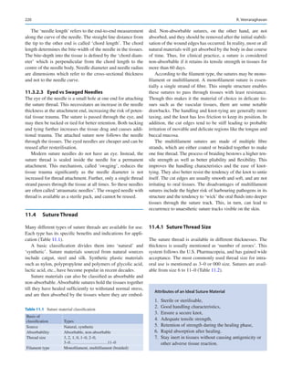 220
The ‘needle length’ refers to the end-to-end measurement
along the curve of the needle. The straight line distance from
the tip to the other end is called ‘chord length’. The chord
length determines the bite-width of the needle in the tissues.
The bite-depth into the tissue is defined by the ‘chord diam-
eter’ which is perpendicular from the chord length to the
centre of the needle body. Needle diameter and needle radius
are dimensions which refer to the cross-sectional thickness
and not to the needle curve.
11.3.2.3	 
Eyed vs Swaged Needles
The eye of the needle is a small hole at one end for attaching
the suture thread. This necessitates an increase in the needle
thickness at the attachment end, increasing the risk of poten-
tial tissue trauma. The suture is passed through the eye, and
may then be tucked or tied for better retention. Both tucking
and tying further increases the tissue drag and causes addi-
tional trauma. The attached suture now follows the needle
through the tissues. The eyed needles are cheaper and can be
reused after resterilisation.
Modern suture needles do not have an eye. Instead, the
suture thread is sealed inside the needle for a permanent
attachment. This mechanism, called ‘swaging’, reduces the
tissue trauma significantly as the needle diameter is not
increased for thread attachment. Further, only a single thread
strand passes through the tissue at all times. So these needles
are often called ‘atraumatic needles’. The swaged needle with
thread is available as a sterile pack, and cannot be reused.
11.4	 Suture Thread
Many different types of suture threads are available for use.
Each type has its specific benefits and indications for appli-
cation (Table 11.1).
A basic classification divides them into ‘natural’ and
‘synthetic’. Suture materials sourced from natural sources
include catgut, steel and silk. Synthetic plastic materials
such as nylon, polypropylene and polymers of glycolic acid,
lactic acid, etc., have become popular in recent decades.
Suture materials can also be classified as absorbable and
non-absorbable. Absorbable sutures hold the tissues together
till they have healed sufficiently to withstand normal stress,
and are then absorbed by the tissues where they are embed-
ded. Non-absorbable sutures, on the other hand, are not
absorbed, and they should be removed after the initial stabili-
sation of the wound edges has occurred. In reality, most or all
natural materials will get absorbed by the body in due course
of time. Thus, for clinical practice, a suture is considered
non-absorbable if it retains its tensile strength in tissues for
more than 60 days.
According to the filament type, the sutures may be mono-
filament or multifilament. A monofilament suture is essen-
tially a single strand of fibre. This simple structure enables
these sutures to pass through tissues with least resistance.
Though this makes it the material of choice in delicate tis-
sues such as the vascular tissues, there are some notable
drawbacks. The handling and knot-tying are generally more
taxing, and the knot has less friction to keep its position. In
addition, the cut edges tend to be stiff leading to probable
irritation of movable and delicate regions like the tongue and
buccal mucosa.
The multifilament sutures are made of multiple fibre
strands, which are either coated or braided together to make
one fine thread. The process of braiding bestows a higher ten-
sile strength as well as better pliability and flexibility. This
improves the handling characteristics and the ease of knot-
tying. They also better resist the tendency of the knot to untie
itself. The cut edges are usually smooth and soft, and are not
irritating to oral tissues. The disadvantages of multifilament
sutures include the higher risk of harbouring pathogens in its
structure and the tendency to ‘wick’ the oral fluids into deeper
tissues through the suture track. This, in turn, can lead to
occurrence to unaesthetic suture tracks visible on the skin.
11.4.1  Suture Thread Size
The suture thread is available in different thicknesses. The
thickness is usually mentioned as ‘number of zeroes’. This
system follows the U.S. Pharmacopeia, and has gained wide
acceptance. The most commonly used thread size for intra-­
oral use is mentioned as 3–0 or 000 size. Sutures are avail-
able from size 6 to 11–0 (Table 11.2).
Table 11.1  Suture material classification
Basis of
classification Types
Source Natural, synthetic
Absorbability Absorbable, non-absorbable
Thread size 3, 2, 1, 0, 1–0, 2–0,
3–0………………………11–0
Filament type Monofilament, multifilament (braided)
Attributes of an Ideal Suture Material
	
1.	 Sterile or sterilisable,
	
2.	 Good handling characteristics,
	
3.	 Ensure a secure knot,
	
4.	 Adequate tensile strength,
	
5.	 Retention of strength during the healing phase,
	
6.	 Rapid absorption after healing.
	
7.	 Stay inert in tissues without causing antigenicity or
other adverse tissue reaction.
R. Veeraraghavan
 