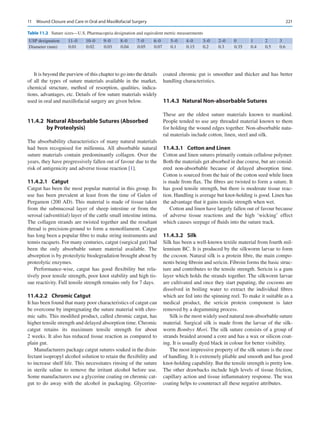 221
It is beyond the purview of this chapter to go into the details
of all the types of suture materials available in the market,
chemical structure, method of resorption, qualities, indica-
tions, advantages, etc. Details of few suture materials widely
used in oral and maxillofacial surgery are given below.
11.4.2  
Natural Absorbable Sutures (Absorbed
by Proteolysis)
The absorbability characteristics of many natural materials
had been recognised for millennia. All absorbable natural
suture materials contain predominantly collagen. Over the
years, they have progressively fallen out of favour due to the
risk of antigenicity and adverse tissue reaction [1].
11.4.2.1	 Catgut
Catgut has been the most popular material in this group. Its
use has been prevalent at least from the time of Galen of
Pergamon (200 AD). This material is made of tissue taken
from the submucosal layer of sheep intestine or from the
serosal (adventitial) layer of the cattle small intestine intima.
The collagen strands are twisted together and the resultant
thread is precision-ground to form a monofilament. Catgut
has long been a popular fibre to make string instruments and
tennis racquets. For many centuries, catgut (surgical gut) had
been the only absorbable suture material available. The
absorption is by proteolytic biodegradation brought about by
proteolytic enzymes.
Performance-wise, catgut has good flexibility but rela-
tively poor tensile strength, poor knot stability and high tis-
sue reactivity. Full tensile strength remains only for 7 days.
11.4.2.2	 Chromic Catgut
It has been found that many poor characteristics of catgut can
be overcome by impregnating the suture material with chro-
mic salts. This modified product, called chromic catgut, has
higher tensile strength and delayed absorption time. Chromic
catgut retains its maximum tensile strength for about
2 weeks. It also has reduced tissue reaction as compared to
plain gut.
Manufacturers package catgut sutures soaked in the disin-
fectant isopropyl alcohol solution to retain the flexibility and
to increase shelf life. This necessitates rinsing of the suture
in sterile saline to remove the irritant alcohol before use.
Some manufacturers use a glycerine coating on chromic cat-
gut to do away with the alcohol in packaging. Glycerine-­
coated chromic gut is smoother and thicker and has better
handling characteristics.
11.4.3  
Natural Non-absorbable Sutures
These are the oldest suture materials known to mankind.
People tended to use any threaded material known to them
for holding the wound edges together. Non-absorbable natu-
ral materials include cotton, linen, steel and silk.
11.4.3.1	 Cotton and Linen
Cotton and linen sutures primarily contain cellulose polymer.
Both the materials get absorbed in due course, but are consid-
ered non-absorbable because of delayed absorption time.
Cotton is sourced from the hair of the cotton seed while linen
is made from flax. The fibres are twisted to form a suture. It
has good tensile strength, but there is moderate tissue reac-
tion. Handling is average but knot-holding is good. Linen has
the advantage that it gains tensile strength when wet.
Cotton and linen have largely fallen out of favour because
of adverse tissue reactions and the high ‘wicking’ effect
which causes seepage of fluids into the suture track.
11.4.3.2	 Silk
Silk has been a well-known textile material from fourth mil-
lennium BC. It is produced by the silkworm larvae to form
the cocoon. Natural silk is a protein fibre, the main compo-
nents being fibroin and sericin. Fibroin forms the basic struc-
ture and contributes to the tensile strength. Sericin is a gum
layer which holds the strands together. The silkworm larvae
are cultivated and once they start pupating, the cocoons are
dissolved in boiling water to extract the individual fibres
which are fed into the spinning reel. To make it suitable as a
medical product, the sericin protein component is later
removed by a degumming process.
Silk is the most widely used natural non-absorbable suture
material. Surgical silk is made from the larvae of the silk-
worm Bombyx Mori. The silk suture consists of a group of
strands braided around a core and has a wax or silicon coat-
ing. It is usually dyed black in colour for better visibility.
The most impressive property of the silk suture is the ease
of handling. It is extremely pliable and smooth and has good
knot-holding capability. But the tensile strength is pretty low.
The other drawbacks include high levels of tissue friction,
capillary action and tissue inflammatory response. The wax
coating helps to counteract all these negative attributes.
Table 11.2  Suture sizes—U.S. Pharmacopeia designation and equivalent metric measurements
USP designation 11–0 10–0 9–0 8–0 7–0 6–0 5–0 4–0 3–0 2–0 0 1 2 3
Diameter (mm) 0.01 0.02 0.03 0.04 0.05 0.07 0.1 0.15 0.2 0.3 0.35 0.4 0.5 0.6
11  Wound Closure and Care in Oral and Maxillofacial Surgery
 
