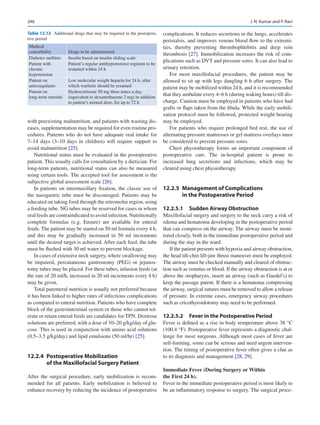 246
with preexisting malnutrition, and patients with wasting dis-
eases, supplementation may be required for even routine pro-
cedures. Patients who do not have adequate oral intake for
7–14 days (3–10 days in children) will require support to
avoid malnutrition [25].
Nutritional status must be evaluated in the postoperative
patient. This usually calls for consultation by a dietician. For
long-term patients, nutritional status can also be measured
using certain tools. The accepted tool for assessment is the
subjective global assessment scale [26].
In patients on intermaxillary fixation, the classic use of
the nasogastric tube must be discouraged. Patients may be
educated on taking food through the retromolar region, using
a feeding tube. NG tubes may be reserved for cases in whom
oral feeds are contraindicated to avoid infection. Nutritionally
complete formulas (e.g. Ensure) are available for enteral
feeds. The patient may be started on 50 ml formula every 4 h,
and this may be gradually increased in 50  ml increments
until the desired target is achieved. After each feed, the tube
must be flushed with 30 ml water to prevent blockage.
In cases of extensive neck surgery, where swallowing may
be impaired, percutaneous gastrostomy (PEG) or jejunos-
tomy tubes may be placed. For these tubes, infusion feeds (at
the rate of 20 ml/h, increased in 20 ml increments every 4 h)
may be given.
Total parenteral nutrition is usually not preferred because
it has been linked to higher rates of infectious complications
as compared to enteral nutrition. Patients who have complete
block of the gastrointestinal system or those who cannot tol-
erate or retain enteral feeds are candidates for TPN. Dextrose
solutions are preferred, with a dose of 10–20 g/kg/day of glu-
cose. This is used in conjunction with amino acid solutions
(0.5–3.5 g/kg/day) and lipid emulsions (50 ml/hr) [25].
12.2.4	 Postoperative Mobilization
of the Maxillofacial Surgery Patient
After the surgical procedure, early mobilization is recom-
mended for all patients. Early mobilization is believed to
enhance recovery by reducing the incidence of postoperative
complications. It reduces secretions in the lungs, accelerates
peristalsis, and improves venous blood flow to the extremi-
ties, thereby preventing thrombophlebitis and deep vein
thrombosis [27]. Immobilization increases the risk of com-
plications such as DVT and pressure sores. It can also lead to
urinary retention.
For most maxillofacial procedures, the patient may be
allowed to sit up with legs dangling 6 h after surgery. The
patient may be mobilized within 24 h, and it is recommended
that they ambulate every 4–6 h (during waking hours) till dis-
charge. Caution must be employed in patients who have had
grafts or flaps taken from the fibula. While the early mobili-
zation protocol must be followed, protected weight bearing
may be employed.
For patients who require prolonged bed rest, the use of
alternating pressure mattresses or gel mattress overlays must
be considered to prevent pressure sores.
Chest physiotherapy forms an important component of
postoperative care. The in-hospital patient is prone to
increased lung secretions and infections, which may be
cleared using chest physiotherapy.
12.2.5	 Management of Complications
in the Postoperative Period
12.2.5.1	 
Sudden Airway Obstruction
Maxillofacial surgery and surgery to the neck carry a risk of
edema and hematoma developing in the postoperative period
that can compress on the airway. The airway must be moni-
tored closely, both in the immediate postoperative period and
during the stay in the ward.
If the patient presents with hypoxia and airway obstruction,
the head tilt-chin lift-jaw thrust maneuver must be employed.
The airway must be checked manually and cleared of obstruc-
tion such as vomitus or blood. If the airway obstruction is at or
above the oropharynx, insert an airway (such as Guedel’s) to
keep the passage patent. If there is a hematoma compressing
the airway, surgical sutures must be removed to allow a release
of pressure. In extreme cases, emergency airway procedures
such as cricothyroidotomy may need to be performed.
12.2.5.2	 
Fever in the Postoperative Period
Fever is defined as a rise in body temperature above 38 °C
(100.4 °F). Postoperative fever represents a diagnostic chal-
lenge for most surgeons. Although most cases of fever are
self-limiting, some can be serious and need urgent interven-
tion. The timing of postoperative fever often gives a clue as
to its diagnosis and management [28, 29].
Immediate Fever (During Surgery or Within
the First 24 h).
Fever in the immediate postoperative period is most likely to
be an inflammatory response to surgery. The surgical proce-
Table 12.12  Additional drugs that may be required in the postopera-
tive period
Medical
comorbidity Drugs to be administered
Diabetes mellitus Insulin based on insulin sliding scale
Patient with
chronic
hypertension
Patient’s regular antihypertensive regimen to be
restarted within 24 h
Patient on
anticoagulants
Low molecular weight heparin for 24 h, after
which warfarin should be resumed
Patient on
long-term steroids
Hydrocortisone 50 mg three times a day,
(equivalent to dexamethasone 2 mg) in addition
to patient’s normal dose, for up to 72 h
J. N. Kumar and P. Ravi
 