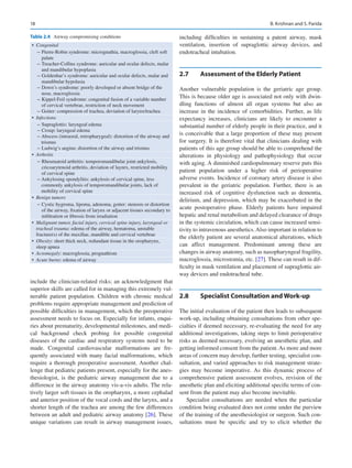 18
include the clinician-related risks; an acknowledgment that
superior skills are called for in managing this extremely vul-
nerable patient population. Children with chronic medical
problems require appropriate management and prediction of
possible difficulties in management, which the preoperative
assessment needs to focus on. Especially for infants, enqui-
ries about prematurity, developmental milestones, and medi-
cal background check probing for possible congenital
diseases of the cardiac and respiratory systems need to be
made. Congenital cardiovascular malformations are fre-
quently associated with many facial malformations, which
require a thorough preoperative assessment. Another chal-
lenge that pediatric patients present, especially for the anes-
thesiologist, is the pediatric airway management due to a
difference in the airway anatomy vis-a-vis adults. The rela-
tively larger soft tissues in the oropharynx, a more cephalad
and anterior position of the vocal cords and the larynx, and a
shorter length of the trachea are among the few differences
between an adult and pediatric airway anatomy [26]. These
unique variations can result in airway management issues,
including difficulties in sustaining a patent airway, mask
ventilation, insertion of supraglottic airway devices, and
endotracheal intubation.
2.7	 
Assessment of the Elderly Patient
Another vulnerable population is the geriatric age group.
This is because older age is associated not only with dwin-
dling functions of almost all organ systems but also an
increase in the incidence of comorbidities. Further, as life
expectancy increases, clinicians are likely to encounter a
substantial number of elderly people in their practice, and it
is conceivable that a large proportion of these may present
for surgery. It is therefore vital that clinicians dealing with
patients of this age group should be able to comprehend the
alterations in physiology and pathophysiology that occur
with aging. A diminished cardiopulmonary reserve puts this
patient population under a higher risk of perioperative
adverse events. Incidence of coronary artery disease is also
prevalent in the geriatric population. Further, there is an
increased risk of cognitive dysfunction such as dementia,
delirium, and depression, which may be exacerbated in the
acute postoperative phase. Elderly patients have impaired
hepatic and renal metabolism and delayed clearance of drugs
in the systemic circulation, which can cause increased sensi-
tivity to intravenous anesthetics.Also important in relation to
the elderly patient are several anatomical alterations, which
can affect management. Predominant among these are
changes in airway anatomy, such as nasopharyngeal fragility,
macroglossia, microstomia, etc. [27]. These can result in dif-
ficulty in mask ventilation and placement of supraglottic air-
way devices and endotracheal tube.
2.8	 
Specialist Consultation and Work-up
The initial evaluation of the patient then leads to subsequent
work-up, including obtaining consultations from other spe-
cialties if deemed necessary, re-evaluating the need for any
additional investigations, taking steps to limit perioperative
risks as deemed necessary, evolving an anesthetic plan, and
getting informed consent from the patient. As more and more
areas of concern may develop, further testing, specialist con-
sultation, and varied approaches to risk management strate-
gies may become imperative. As this dynamic process of
comprehensive patient assessment evolves, revision of the
anesthetic plan and eliciting additional specific terms of con-
sent from the patient may also become inevitable.
Specialist consultations are needed when the particular
condition being evaluated does not come under the purview
of the training of the anesthesiologist or surgeon. Such con-
sultations must be specific and try to elicit whether the
Table 2.4  Airway compromising conditions
•  Congenital
  − 
Pierre-Robin syndrome: micrognathia, macroglossia, cleft soft
palate
  − 
Treacher-Collins syndrome: auricular and ocular defects, malar
and mandibular hypoplasia
  − 
Goldenhar’s syndrome: auricular and ocular defects, malar and
mandibular hypolasia
  − 
Down’s syndrome: poorly developed or absent bridge of the
nose, macroglossia
  − 
Kippel-Feil syndrome: congenital fusion of a variable number
of cervical vertebrae, restriction of neck movement
  − 
Goiter: compression of trachea, deviation of larynx/trachea
•  Infections
  − 
Supraglottis: laryngeal edema
  − 
Croup: laryngeal edema
  − 
Abscess (intraoral, retropharygeal): distortion of the airway and
trismus
  − 
Ludwig’s angina: distortion of the airway and trismus
•  Arthritis
  − 
Rheumatoid arthritis: temporomandibular joint ankylosis,
cricoarytenoid arthritis, deviation of laynrx, restricted mobility
of cervical spine
  − 
Ankylosing spondylitis: ankylosis of cervical spine, less
commonly ankylosis of temporomandibular joints, lack of
mobility of cervical spine
•  Benign tumors
  − 
Cystic hygroma, lipoma, adenoma, goiter: stenosis or distortion
of the airway, fixation of larynx or adjacent tissues secondary to
infiltration or fibrosis from irradiation
• 
Malignant tumor, facial injury, cervical spine injury, laryngeal or
tracheal trauma: edema of the airway, hematoma, unstable
fracture(s) of the maxillae, mandible and cervical vertebrae
• 
Obesity: short thick neck, redundant tissue in the oropharynx,
sleep apnea
• 
Acromegaly: macroglossia, prognathism
• 
Acute burns: edema of airway
B. Krishnan and S. Parida
 