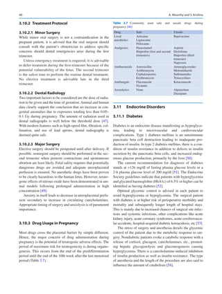 40
3.10.2	 Treatment Protocol
3.10.2.1  Minor Surgery
While minor oral surgery is not a contraindication in the
pregnant patient, it is advised that the oral surgeon should
consult with the patient’s obstetrician to address specific
concerns should dental emergencies arise during the first
trimester.
Unless emergency treatment is required, it is advisable
to defer treatment during the first trimester because of the
potential vulnerability of the fetus. The second trimester
is the safest time to perform the routine dental treatment.
No elective treatment is advisable late in the third
trimester.
3.10.2.2  Dental Radiology
Two important factors to be considered are the dose of radia-
tion to be given and the time of gestation. Animal and human
data clearly support the conclusion that no increase in con-
genital anomalies due to exposures totaling less than 0.05–
0.1 Gy during pregnancy. The amount of radiation used in
dental radiographs is well below the threshold dose [47].
With modern features such as high-speed film, filtration, col-
limation, and use of lead aprons, dental radiography is
deemed quite safe.
3.10.2.3  Major Surgery
Elective surgery should be postponed until after delivery. If
possible, nonurgent surgery should be performed in the sec-
ond trimester when preterm contractions and spontaneous
abortion are least likely. Fetal safety requires that potentially
dangerous drugs are avoided and adequate uteroplacental
perfusion is ensured. No anesthetic drugs have been proven
to be clearly hazardous to the human fetus. However, terato-
genic effects of nitrous oxide have been demonstrated in ani-
mal models following prolonged administration in high
concentration [49].
Anxiety in itself leads to decrease in uteroplacental perfu-
sion secondary to increase in circulating catecholamines.
Appropriate timing of surgery and anxiolysis is of paramount
importance.
3.10.3	 
Drug Usage in Pregnancy
Most drugs cross the placental barrier by simple diffusion.
Hence, the major concern of drug administration during
pregnancy is the potential of teratogenic adverse effects. The
period of maximum risk for teratogenicity is during organo-
genesis. This occurs from the end of the predifferentiation
period until the end of the 10th week after the last menstrual
period (Table 3.7).
3.11	 Endocrine Disorders
3.11.1	 Diabetes
Diabetes is an endocrine disease manifesting as hyperglyce-
mia, leading to microvascular and cardiovascular
­
complications. Type 1 diabetes mellitus is an autoimmune
pancreatic beta cell destruction leading to inadequate pro-
duction of insulin. In type 2 diabetes mellitus, there is a con-
dition of insulin resistance in addition to defects in insulin
secretion by the pancreatic beta cells, and increased endog-
enous glucose production, primarily by the liver [50].
The current recommendation for diagnosis of diabetes
stands at 126 mg/dl of fasting plasma glucose levels or a
2-h plasma glucose level of 200 mg/dl [51]. The Endocrine
Society guidelines indicate that patients with hyperglycemia
and glycated haemoglobin (HbA1c) of 6.5% or higher can be
identified as having diabetes [52].
Optimal glycemic control is advised in each patient to
avoid hyperglycemia or hypoglycemia. The surgical patient
with diabetes is at higher risk of perioperative morbidity and
mortality and subsequently longer length of hospital stays.
This is mainly due to increased chances of surgical site infec-
tions and systemic infections, other complications like acute
kidney injury, acute coronary syndromes, acute cerebrovascu-
lar accidents, hospital-acquired diabetic ketoacidosis, etc [53].
The stress of surgery and anesthesia derails the glycemic
control of the patient due to the metabolic response to sur-
gery. Nondiabetic patients evoke a catabolic response with a
release of cortisol, glucagon, catecholamines, etc., promot-
ing hepatic glycogenolysis and gluconeogenesis causing
hyperglycemia. There is a catecholamine-induced inhibition
of insulin production as well as insulin resistance. The type
of anesthesia and the length of the procedure are also said to
influence the amount of catabolism [54].
Table 3.7 
Commonly used safe and unsafe drugs during
pregnancy [46]
Drug Safe Unsafe
Local
anesthetics
Articaine
Lignocaine
Prilocaine
Bupivacaine
Analgesics Paracetamol
Ibuprofen (first and second
trimesters)
Aspirin
Diclofenac
Ibuprofen (third
trimester)
Naproxen
Antibacterials Amoxicillin
Azithromycin
Cephalosporins
Erythromycin
Aminoglycosides
Metronidazole
Sulfonamides
Tetracyclines
Antifungals Fluconazole
Nystatin
Ketoconazole
Anxiolytics None Alprazolam
Diazepam
A. Moorthy and S. Krishna
 
