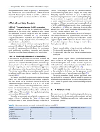 43
antithyroid medication should be given [61]. While epineph-
rine with lidocaine is not contraindicated, caution should be
exercised. Benzodiapines should be avoided. Carbamizole
causes agranulocytosis and this can manifest as oral ulcers.
3.11.3	 
Adrenal Gland Disorders
3.11.3.1  
Primary Adrenocortical Hypofunction
Addison’s disease occurs due to autoantibody-mediated
destruction of the adrenal cortex leading to failed cortisol
and aldosterone secretion. It may also occur due to tubercu-
losis, histoplasmosis, sarcoidosis, etc [59]. Due to lack of
adequate corticosteroid production, these patients are prone
to hypotensive collapse, hypoglycemia, profound weakness,
and dehydration (Adrenal crisis).
Adrenal crisis is rare in outpatient oral surgery. However,
patients with Addison’s disease who need surgery should be
covered with supplemental steroids. Drugs like barbiturates,
azole antifungals, etomidates, phenytoin, and rifampins
should be avoided as they accelerate cortisol metabolism.
3.11.3.2  
Secondary Adrenocortical Insufficiency
Corticosteroids are prescribed as long-term treatment for
various ailments such as inflammatory bowel disease, blood
dyscrasias like idiopathic thrombocytopenia, rheumatologic
disease, reactive airway disease, and immunosuppression for
transplant recipients, etc. due to their immunosuppressive,
anti-inflammatory, metabolic, and hemodynamic properties.
This external source of long-term steroid can lead to second-
ary adrenal insufficiency that may manifest in the periopera-
tive period [63].
In a healthy individual, corticotrophin-releasing hormone
(CRH) has a diurnal pattern of release from the hypothala-
mus. This in turn acts on the anterior pituitary to release the
Adrenocorticotrophic hormone (ACTH). ACTH acts on the
adrenal cortex to release cortisol (hydrocortisone), corticos-
terone, and mineralocorticoids. Circulating corticosteroids
have a subsequent negative feedback effect on CRH and
ACTH release. This constitutes the hypothalamic-pituitary
adrenocortical (HPA) axis [59].
Normally, an unstressed adrenal gland secretes approxi-
mately 8–10 mg of cortisol per day (Table 3.8). Stress, such
as illness or surgery, is the stimulus for raised production of
cortisol. During surgical stress, the rate varies between indi-
viduals and also upon the type of surgery. It is usually up to
50 mg/day for minor procedures and up to 75–150 mg/day
for more complex procedures, rarely exceeding 200 mg/day.
However, patients on exogenous corticosteroids aren’t able
to secrete adequate amounts of corticosteroids in response to
stress due to HPA axis suppression and a resulting low level
of ACTH and CRH leading to atrophy of the zona fasciculate
of adrenal cortex [63].This may predispose them to develop
adrenal crisis, with rapidly developing hypotension, hypo-
glycemia, collapse, and even death [59].
Even though there is no consensus on the exact dosage of
corticosteroids that leads to hypofunction of the adrenal cor-
tex, doses greater than physiologic doses of cortisol lead to
suppression [59]. HPAA suppression does not extend beyond
1 year after exogenous steroid therapy is stopped [64].
Hence, those at risk are:
•	 Patients currently taking 5 mg of systemic prednisolone
•	 Corticosteroids been taken in the past 30 days
•	 Corticosteroids taken for more than a month during the
past 1 year.
These patients require steroid cover/supplementation
when undertaken for surgeries. Most dentoalveolar and
­
maxillofacial surgeries result in stress and hence require ste-
roid supplements, but most other dental procedures do not
require any additional steroid supplements [59].
Following table shows the normal corticosteroid response
to the particular level of stress and the appropriate steroid
cover needed in cases of adrenal suppression (Table 3.9):
During the procedure, blood pressure and blood sugar
levels should be monitored. NSAIDs should be avoided to
avoid increasing risk of peptic ulceration. Prophylactic anti-
biotics should be given in such patients to avoid postopera-
tive infections.
3.11.4	 Renal Disorders
The kidneys are responsible for eliminating metabolic waste;
fluid and electrolyte homeostasis; and to maintain acid and
base balance. The kidneys also affect the cardiovascular and
hematologic systems.
Table 3.8  Approximate potencies of systemic corticosteroids relative to cortisol [59]
Steroid Glucocorticoid activity Mineralocorticoid activity Equivalent dose (IV/PO)
Cortisol (hydrocortisone) 1 1 20
Cortisone 0.8 0.8 25
Prednisone 4 0.8 5
Prednisolone 4 0.8 5
Methylprednisolone 5 0.5 4
Dexamethasone 30–40 0 0.5–0.75
3  Management of Medical Comorbidities in Maxillofacial Surgery
 