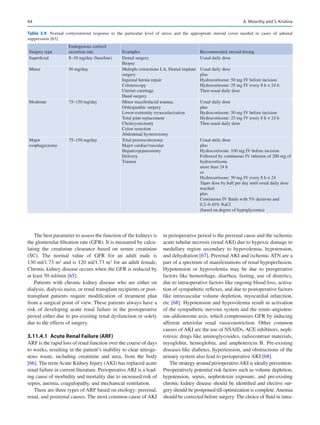 44
The best parameter to assess the function of the kidneys is
the glomerular filtration rate (GFR). It is measured by calcu-
lating the creatinine clearance based on serum creatinine
(SC). The normal value of GFR for an adult male is
130 ml/1.73 m2
and is 120 ml/1.73 m2
for an adult female.
Chronic kidney disease occurs when the GFR is reduced by
at least 50 ml/min [65].
Patients with chronic kidney disease who are either on
dialysis, dialysis naive, or renal transplant recipients or post-­
transplant patients require modification of treatment plan
from a surgical point of view. These patients always have a
risk of developing acute renal failure in the postoperative
period either due to pre-existing renal dysfunction or solely
due to the effects of surgery.
3.11.4.1  
Acute Renal Failure (ARF)
ARF is the rapid loss of renal function over the course of days
to weeks, resulting in the patient’s inability to clear nitroge-
nous waste, including creatinine and urea, from the body
[66]. The term Acute Kidney Injury (AKI) has replaced acute
renal failure in current literature. Perioperative AKI is a lead-
ing cause of morbidity and mortality due to increased risk of
sepsis, anemia, coagulopathy, and mechanical ventilation.
There are three types of ARF based on etiology: prerenal,
renal, and postrenal causes. The most common cause of AKI
in perioperative period is the prerenal cause and the ischemic
acute tubular necrosis (renal AKI) due to hypoxic damage to
medullary region secondary to hypovolemia, hypotension,
and dehydration [67]. Prerenal AKI and ischemic ATN are a
part of a spectrum of manifestations of renal hypoperfusion.
Hypotension or hypovolemia may be due to preoperative
factors like hemorrhage, diarrhea, fasting, use of diuretics,
due to intraoperative factors like ongoing blood loss, activa-
tion of sympathetic reflexes, and due to postoperative factors
like intravascular volume depletion, myocardial infarction,
etc [68]. Hypotension and hypovolemia result in activation
of the sympathetic nervous system and the renin–angioten-
sin–aldosterone axis, which compromises GFR by inducing
afferent arteriolar renal vasoconstriction. Other common
causes of AKI are the use of NSAIDs, ACE inhibitors, neph-
rotoxic drugs like aminoglycosides, radiocontrast materials,
myoglobin, hemoglobin, and amphotericin B.  Pre-existing
diseases like diabetes, hypertension, and obstructions of the
urinary system also lead to perioperative AKI [68].
The strategy around perioperativeAKI is ideally prevention.
Preoperatively potential risk factors such as volume depletion,
hypotension, sepsis, nephrotoxin exposure, and pre-existing
chronic kidney disease should be identified and elective sur-
gery should be postponed till optimization is complete.Anemia
should be corrected before surgery. The choice of fluid in intra-
Table 3.9  Normal corticosteroid response to the particular level of stress and the appropriate steroid cover needed in cases of adrenal
suppression [63]
Surgery type
Endogenous cortisol
secretion rate Examples Recommended steroid dosing
Superficial 8–10 mg/day (baseline) Dental surgery
Biopsy
Usual daily dose
Minor 50 mg/day Multiple extractions LA, Dental implant
surgery
Inguinal hernia repair
Colonoscopy
Uterine curettage
Hand surgery
Usual daily dose
plus
Hydrocortisone: 50 mg IV before incision
Hydrocortisone: 25 mg IV every 8 h × 24 h
Then usual daily dose
Moderate 75–150 mg/day Minor maxillofacial trauma,
Orthognathic surgery
Lower-extremity revascularization
Total joint replacement
Cholecystectomy
Colon resection
Abdominal hysterectomy
Usual daily dose
plus
Hydrocortisone: 50 mg IV before incision
Hydrocortisone: 25 mg IV every 8 h × 24 h
Then usual daily dose
Major
esophagectomy
75–150 mg/day Total proctocolectomy
Major cardiac/vascular
Hepaticojejunostomy
Delivery
Trauma
Usual daily dose
plus
Hydrocortisone: 100 mg IV before incision
Followed by continuous IV infusion of 200 mg of
hydrocortisone
more than 24 h
or
Hydrocortisone: 50 mg IV every 8 h × 24
Taper dose by half per day until usual daily dose
reached
plus
Continuous IV fluids with 5% dextrose and
0.2–0.45% NaCl
(based on degree of hypoglycemia)
A. Moorthy and S. Krishna
 