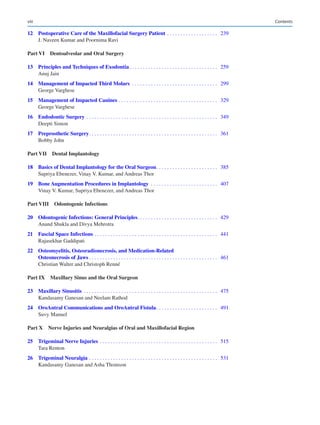 viii
	
12	
Postoperative Care of the Maxillofacial Surgery Patient�������������������������������������  239
J. Naveen Kumar and Poornima Ravi
Part VI 
Dentoalveolar and Oral Surgery
	13	Principles and Techniques of Exodontia�����������������������������������������������������������������  259
Anuj Jain
	14	Management of Impacted Third Molars ���������������������������������������������������������������  299
George Varghese
	15	Management of Impacted Canines�������������������������������������������������������������������������  329
George Varghese
	16	Endodontic Surgery�������������������������������������������������������������������������������������������������  349
Deepti Simon
	17	Preprosthetic Surgery�����������������������������������������������������������������������������������������������  361
Bobby John
Part VII Dental Implantology
	
18	
Basics of Dental Implantology for the Oral Surgeon���������������������������������������������  385
Supriya Ebenezer, Vinay V. Kumar, and Andreas Thor
	19	Bone Augmentation Procedures in Implantology �������������������������������������������������  407
Vinay V. Kumar, Supriya Ebenezer, and Andreas Thor
Part VIII Odontogenic Infections
	20	Odontogenic Infections: General Principles�����������������������������������������������������������  429
Anand Shukla and Divya Mehrotra
	21	Fascial Space Infections�������������������������������������������������������������������������������������������  441
Rajasekhar Gaddipati
	22	Osteomyelitis, Osteoradionecrosis, and Medication-Related
Osteonecrosis of Jaws�����������������������������������������������������������������������������������������������  461
Christian Walter and Christoph Renné
Part IX 
Maxillary Sinus and the Oral Surgeon
	23	Maxillary Sinusitis ���������������������������������������������������������������������������������������������������  475
Kandasamy Ganesan and Neelam Rathod
	
24	
OroAntral Communications and OroAntral Fistula���������������������������������������������  491
Suvy Manuel
Part X 
Nerve Injuries and Neuralgias of Oral and Maxillofacial Region
	25	Trigeminal Nerve Injuries���������������������������������������������������������������������������������������  515
Tara Renton
	26	Trigeminal Neuralgia�����������������������������������������������������������������������������������������������  531
Kandasamy Ganesan and Asha Thomson
Contents
 