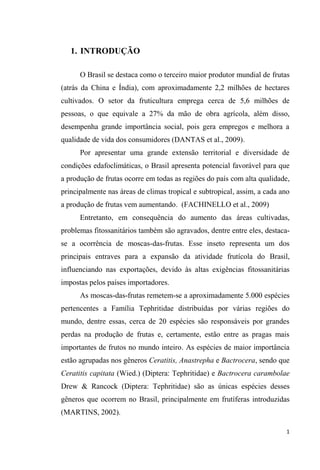 1. INTRODUÇÃO
O Brasil se destaca como o terceiro maior produtor mundial de frutas
(atrás da China e Índia), com aproximadamente 2,2 milhões de hectares
cultivados. O setor da fruticultura emprega cerca de 5,6 milhões de
pessoas, o que equivale a 27% da mão de obra agrícola, além disso,
desempenha grande importância social, pois gera empregos e melhora a
qualidade de vida dos consumidores (DANTAS et al., 2009).
Por apresentar uma grande extensão territorial e diversidade de
condições edafoclimáticas, o Brasil apresenta potencial favorável para que
a produção de frutas ocorre em todas as regiões do país com alta qualidade,
principalmente nas áreas de climas tropical e subtropical, assim, a cada ano
a produção de frutas vem aumentando. (FACHINELLO et al., 2009)
Entretanto, em consequência do aumento das áreas cultivadas,
problemas fitossanitários também são agravados, dentre entre eles, destaca-
se a ocorrência de moscas-das-frutas. Esse inseto representa um dos
principais entraves para a expansão da atividade frutícola do Brasil,
influenciando nas exportações, devido às altas exigências fitossanitárias
impostas pelos países importadores.
As moscas-das-frutas remetem-se a aproximadamente 5.000 espécies
pertencentes a Família Tephritidae distribuídas por várias regiões do
mundo, dentre essas, cerca de 20 espécies são responsáveis por grandes
perdas na produção de frutas e, certamente, estão entre as pragas mais
importantes de frutos no mundo inteiro. As espécies de maior importância
estão agrupadas nos gêneros Ceratitis, Anastrepha e Bactrocera, sendo que
Ceratitis capitata (Wied.) (Diptera: Tephritidae) e Bactrocera carambolae
Drew & Rancock (Diptera: Tephritidae) são as únicas espécies desses
gêneros que ocorrem no Brasil, principalmente em frutíferas introduzidas
(MARTINS, 2002).
 