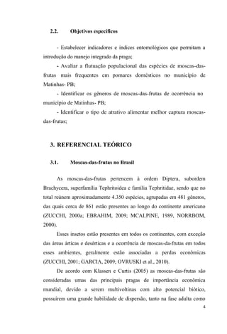 2.2. Objetivos específicos
- Estabelecer indicadores e índices entomológicos que permitam a
introdução do manejo integrado da praga;
- Avaliar a flutuação populacional das espécies de moscas-das-
frutas mais frequentes em pomares domésticos no município de
Matinhas- PB;
- Identificar os gêneros de moscas-das-frutas de ocorrência no
município de Matinhas- PB;
- Identificar o tipo de atrativo alimentar melhor captura moscas-
das-frutas;
3. REFERENCIAL TEÓRICO
3.1. Moscas-das-frutas no Brasil
As moscas-das-frutas pertencem à ordem Diptera, subordem
Brachycera, superfamília Tephritoidea e família Tephritidae, sendo que no
total reúnem aproximadamente 4.350 espécies, agrupadas em 481 gêneros,
das quais cerca de 861 estão presentes ao longo do continente americano
(ZUCCHI, 2000a; EBRAHIM, 2009; MCALPINE, 1989, NORRBOM,
2000).
Esses insetos estão presentes em todos os continentes, com exceção
das áreas árticas e desérticas e a ocorrência de moscas-da-frutas em todos
esses ambientes, geralmente estão associadas a perdas econômicas
(ZUCCHI, 2001; GARCIA, 2009; OVRUSKI et al., 2010).
De acordo com Klassen e Curtis (2005) as moscas-das-frutas são
consideradas umas das principais pragas de importância econômica
mundial, devido a serem multivoltinas com alto potencial biótico,
possuírem uma grande habilidade de dispersão, tanto na fase adulta como
 