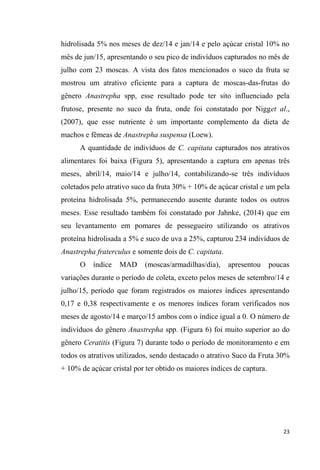 hidrolisada 5% nos meses de dez/14 e jan/14 e pelo açúcar cristal 10% no
mês de jun/15, apresentando o seu pico de indivíduos capturados no mês de
julho com 23 moscas. A vista dos fatos mencionados o suco da fruta se
mostrou um atrativo eficiente para a captura de moscas-das-frutas do
gênero Anastrepha spp, esse resultado pode ter sito influenciado pela
frutose, presente no suco da fruta, onde foi constatado por Nigget al.,
(2007), que esse nutriente é um importante complemento da dieta de
machos e fêmeas de Anastrepha suspensa (Loew).
A quantidade de indivíduos de C. capitata capturados nos atrativos
alimentares foi baixa (Figura 5), apresentando a captura em apenas três
meses, abril/14, maio/14 e julho/14, contabilizando-se três indivíduos
coletados pelo atrativo suco da fruta 30% + 10% de açúcar cristal e um pela
proteína hidrolisada 5%, permanecendo ausente durante todos os outros
meses. Esse resultado também foi constatado por Jahnke, (2014) que em
seu levantamento em pomares de pessegueiro utilizando os atrativos
proteína hidrolisada a 5% e suco de uva a 25%, capturou 234 indivíduos de
Anastrepha fraterculus e somente dois de C. capitata.
O índice MAD (moscas/armadilhas/dia), apresentou poucas
variações durante o período de coleta, exceto pelos meses de setembro/14 e
julho/15, período que foram registrados os maiores índices apresentando
0,17 e 0,38 respectivamente e os menores índices foram verificados nos
meses de agosto/14 e março/15 ambos com o índice igual a 0. O número de
indivíduos do gênero Anastrepha spp. (Figura 6) foi muito superior ao do
gênero Ceratitis (Figura 7) durante todo o período de monitoramento e em
todos os atrativos utilizados, sendo destacado o atrativo Suco da Fruta 30%
+ 10% de açúcar cristal por ter obtido os maiores índices de captura.
 