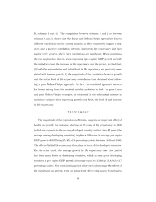 B, columns 3 and 4). The comparison between columns 1 and 2 or between
columns 4 and 5, shows that the Lucas and Nelson-Phelps approaches lead to
diﬀerent conclusions on the country samples, as they respectively suggest a neg-
ative and a positive correlation between (improved) life expectancy and (per
capita GDP) growth, where both correlations are signiﬁcant. When combining
the two approaches, that is, when regressing (per capita) GDP growth on both
the initial level and the increase in life expectancy over the period, we ﬁnd that:
(i) both the accumulation and initial level in life expectancy are positively asso-
ciated with income growth; ii) the magnitude of the correlation between growth
and the initial level of life expectancy overwhelms that obtained when follow-
ing a pure Nelson-Phelps approach. In fact, the combined approach corrects
for biases arising from the omitted variable problems in both the pure Lucas
and pure Nelson-Phelps strategies, as witnessed by the substantial increase in
explained variance when regressing growth over both, the level of and increase
in life expectancy.
TABLE 3 HERE
The magnitude of the regression coeﬃcients, suggests an important eﬀect of
health on growth: for instance, starting at 65 years of life expectancy in 1940
(which corresponds to the average developed country) rather than 45 years (the
average among developing countries) implies a diﬀerence in average per capita
GDP growth of 0.075xlog(65/45)=2.8 percentage points between 1940 and 1980.
The eﬀect of initial life expectancy thus plays in favor of the developed countries.
On the other hand, the average growth in life expectancy over that period
has been much faster in developing countries, which in turn gives developing
countries a per capita GDP growth advantage equal to 3.58xlog(19.8/9.2)=2.7
percentage points. Our combined approach allows us to disentangle the eﬀects of
life expectancy on growth, with the initial level eﬀect being mostly beneﬁcial to
14
 