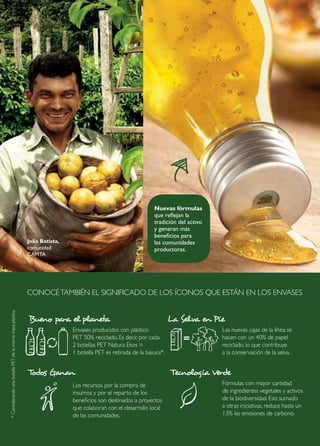 Nuevas fórmulas
                                                                                                              que reflejan la
                                                                                                              tradición del activo
                                                                                                              y generan más
                                                                                                              beneficios para
                                                           João Batista,                                      las comunidades
                                                           comunidad                                          productoras.
                                                           Camta




                                                           CoNoCÉ TambiÉN El sigNifiCado dE los íCoNos quE EsTáN EN los ENvasEs
* Considerando una botella PET de la misma masa plástica




                                                           Bueno para el planeta                                      La Selva en Pie
                                                                           Envases producidos con plástico                           las nuevas cajas de la línea se
                                                                           PET 50% reciclado. Es decir, por cada                     hacen con un 40% de papel
                                                                           2 botellas PET Natura Ekos =                              reciclado, lo que contribuye
                                                                           1 botella PET es retirada de la basura*.                  a la conservación de la selva.


                                                           Todos Ganan                                                Tecnología Verde
                                                                           los recursos por la compra de                             fórmulas con mayor cantidad
                                                                           insumos y por el reparto de los                           de ingredientes vegetales y activos
                                                                           beneficios son destinados a proyectos                     de la biodiversidad. Eso, sumado
                                                                           que colaboran con el desarrollo local                     a otras iniciativas, reduce hasta un
                                                                           de las comunidades.                                       13% las emisiones de carbono.
 