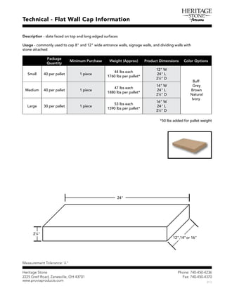 Ð¸±²»æ éìðóìëðóìîíê
Ú¿¨æ éìðóìëðóìíéð
Þïí
Ø»®·¬¿¹» Í¬±²»
îîîë Ù®»·º Î±¿¼ô Æ¿²»­ª·´´»ô ÑØ ìíéðï
©©©ò°®±ª·¿°®±¼«½¬­ò½±³
Ì»½¸²·½¿´ ó Ú´¿¬ É¿´´ Ý¿° ×²º±®³¿¬·±²
Ü»­½®·°¬·±² ó ­´¿¬» º¿½»¼ ±² ¬±° ¿²¼ ´±²¹ »¼¹»¼ ­«®º¿½»­
Ë­¿¹» ó ½±³³±²´§ «­»¼ ¬± ½¿° èþ ¿²¼ ïîþ ©·¼» »²¬®¿²½» ©¿´´­ô ­·¹²¿¹» ©¿´´­ô ¿²¼ ¼·ª·¼·²¹ ©¿´´­ ©·¬¸
­¬±²» ¿¬¬¿½¸»¼
Ó»¿­«®»³»²¬ Ì±´»®¿²½»æ ïï
ìþ
îìþ
ïîþ ±® ïêþþôïìþ±ïîþôïìþ±® ïêþ
îïï
ìþ
Ð¿½µ¿¹»
Ï«¿²¬·¬§
Ó·²·³«³ Ð«®½¸¿­» É»·¹¸¬ øß°°®±¨÷ Ð®±¼«½¬ Ü·³»²­·±²­ Ý±´±® Ñ°¬·±²­
Í³¿´´ ìð °»® °¿´´»¬ ï °·»½»
ìì ´¾­ »¿½¸
ïéêð ´¾­ °»® °¿´´»¬ö
ïîþ É
îìþ Ô
îïï
ìþ Ü
Þ«ºº
Ù®»§
Þ®±©²
Ò¿¬«®¿´
×ª±®§
Ó»¼·«³ ìð °»® °¿´´»¬ ï °·»½»
ìé ´¾­ »¿½¸
ïèèð ´¾­ °»® °¿´´»¬ö
ïìþ É
îìþ Ô
îïï
ìþ Ü
Ô¿®¹» íð °»® °¿´´»¬ ï °·»½»
ëí ´¾­ »¿½¸
ïëçð ´¾­ °»® °¿´´»¬ö
ïêþ É
îìþ Ô
îïï
ìþ Ü
öëð ´¾­ ¿¼¼»¼ º±® °¿´´»¬ ©»·¹¸¬
 