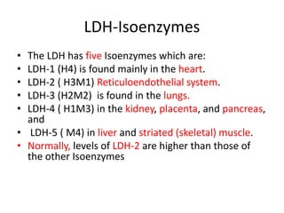 LDH-Isoenzymes
• The LDH has five Isoenzymes which are:
• LDH-1 (H4) is found mainly in the heart.
• LDH-2 ( H3M1) Reticuloendothelial system.
• LDH-3 (H2M2) is found in the lungs.
• LDH-4 ( H1M3) in the kidney, placenta, and pancreas,
and
• LDH-5 ( M4) in liver and striated (skeletal) muscle.
• Normally, levels of LDH-2 are higher than those of
the other Isoenzymes
 