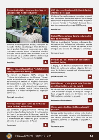 14EffiNews DÉCHETS 30|03|15 # 69
Economie circulaire : comment Interface ré-
volutionne son modèle industriel
Pionnière du développement durable, l’entreprise de
moquette Interface travaille depuis 20 ans à la fabrica-
tion de produits faiblement consommateurs de CO2.
Une gageure dans un secteur où la matière première
principale reste le pétrole. Mais la société a plus d’un
tour dans son sac. Et une folle ambition : éliminer tout
impact négatif sur l’environnement d’ici à 2020.
Novethic.fr
91% des français favorables à l’installation de
sites de production de biogaz
Au moment où Ségolène ROYAL, Ministre de
l’Ecologie, du Développement durable et de l’Energie,
installe le Comité national biogaz qui réunit les acteurs
de la filière pour réfléchir aux moyens d’accélérer le
développement de cette forme d’énergie sur notre
territoire, GrDF et le SER publient les principaux ensei-
gnements d’un sondage confié à l’Institut BVA sur la
perception et le niveau d’acceptabilité du biogaz par
les Français.
Bioenergie-promotion.fr
Nouveau départ pour l'unité de méthanisa-
tion « Ferti-Nrj » dans l'Oise
Des conditions d'approvisionnement difficiles ont
amené Fertigaz, fondateur de l'unité de méthanisation
de Passel, à se rapprocher de Bionerval, société du
pôle énergie de SARIA Industries dédiée à la collecte et
la méthanisation des biodéchets, pour s'assurer la
pérennité de son site pionnier de Passel.
Enerzine.com
CHO Morcenx : livraison définitive de l'usine
attendue à l'été 2015
L'industriel français Europlasma, concepteur et exploi-
tant de solutions plasma pour la production d'énergie
renouvelable et la valorisation des déchets dangereux,
a annoncé l'arrivée et l'installation du nouvel échan-
geur thermique dans la centrale CHO Morcenx.
Enerzine.com
BiotechMarine se lance dans la culture cellu-
laire de macroalgues
Filiale de Seppic basée à Pontrieux en Bretagne, Bio-
techMarine vient de lancer une technologie, baptisée
Celebrity, qui consiste à cultiver des cellules de ma-
croalgues pour produire des actifs pour la cosmétique.
Formule-verte.com
Pollution de l'air : interdiction de brûler des
feuilles à Beijing
À Beijing, il est désormais complètement interdit de
brûler des feuilles, une pratique fréquente de traite-
ment des déchets, a annoncé jeudi le Bureau des parcs
et forêts de Beijing.
French.xinhuanet.com
Méthalandes : la plus grande unité française
de méthanisation se sert du canard
La méthanisation a le vent en poupe : en septembre
2014, le ministère français en charge de l'énergie a
lancé un appel à projets pour développer en 3 ans 1
500 installations exploitant ce procédé.
Connaissancedesenergies.org
Chimie verte : Carbios éligible au dispositif
PEA-PME
Carbios, société innovante de chimie verte dévelop-
pant des technologies de pointe pour la valorisation
des déchets plastiques et la production de bio-
polymères, confirme son éligibilité au dispositif PEA-
PME.
Formule-verte.com
 