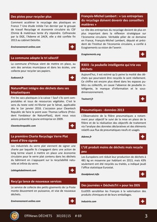 3EffiNews DÉCHETS 30|03|15 # 69
Des pistes pour recycler plus
Comment accélérer le recyclage des plastiques en
France ? Une étude initiée l'an dernier par le groupe
de travail Recyclage et économie circulaire du CSF
Chimie & matériaux tente d'y répondre. Cofinancée
par la DGE, l'Ademe et 2ACR, elle a été confiée fin
2013 au cabinet Deloitte.
Environnement-online.com
La commune adopte le tri sélectif
La commune d'Ychoux vient de mettre en place, au
sein des services municipaux et dans les écoles, une
collecte pour recycler ses papiers.
Sudouest.fr
NaturePlast intègre des déchets dans ses
bioplastiques
Fini les sacs plastiques à la caisse ! Sauf s’ils sont com-
postables et issus de ressources végétales. C’est le
sens du texte voté mi-février par le Sénat, applicable
dès le 1er janvier 2016. L’occasion pour Cleantech
Republic de faire le point avec Thomas Lefèvre (Prési-
dent Fondateur de NaturePlast), dont nous vous
avions présenté la jeune entreprise en 2009.
Cleantechrepublic.com
La première Charte Recyclage Verre Plat
vient d’être signée
Les industriels du verre plat viennent de signer une
charte par laquelle ils s’engagent dans une action de
long terme visant à mettre en place une économie
circulaire pour le verre plat contenu dans les déchets
du bâtiment en s’appuyant sur la recyclabilité natu-
relle et infinie du verre.
Leblogdubatiment.com
Recy’go lance de nouveaux services
Le service de collecte des petits gisements de La Poste
monte doucement en puissance, et vise de nouveaux
déchets.
Environnement-online.com
François-Michel Lambert : « Les entreprises
du recyclage doivent devenir des conseillers
matières »
Le rôle des entreprises du recyclage devient de plus en
plus important dans la réflexion stratégique sur
l’économie circulaire. Véritable pilier de ce domaine
en France, François-Michel Lambert, député et prési-
dent de l’Institut de l’économie circulaire, a confié à
Ecogisements sa vision de l’avenir.
Ecogisements.org
R3D3 : la poubelle intelligente qui trie vos
déchets
Aujourd’hui, il est estimé qu’à peine la moitié des dé-
chets qui pourraient être recyclés le sont réellement.
Ce chiffre est encore plus élevé dans les espaces pu-
blics ou collectifs, en cause l’absence de poubelle in-
telligente, le manque d’information et le sous-
dimensionnement.
Toutvert.fr
Pneumatiques : données 2013
L'Observatoire de la filière pneumatiques a notam-
ment pour objectif le suivi de la mise en place de la
filière et de la réalisation des objectifs de traitement
via l'analyse des données déclaratives et des éléments
relatifs aux flux de pneumatiques neufs et usagés.
Ademe.fr
L’UE produit moins de déchets mais recycle
peu
Les Européens ont réduit leur production de déchets à
481 kg en moyenne par habitant en 2013, mais 43%
seulement ont été recyclés ou traités, a indiqué jeudi
l’office statistique Eurostat.
Goodplanet.info
Des journées « DéchetsTri » pour les DDS
EcoDDS sensibilise les Français à la valorisation des
produits chimiques et de leurs emballages.
Industrie.com
 