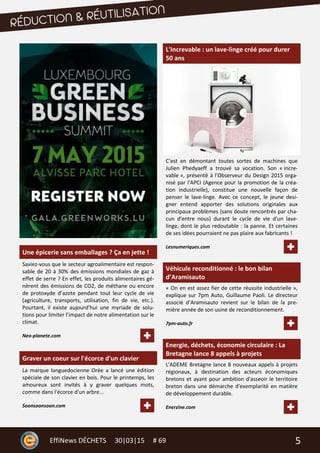 5EffiNews DÉCHETS 30|03|15 # 69
Une épicerie sans emballages ? Ça en jette !
Saviez-vous que le secteur agroalimentaire est respon-
sable de 20 à 30% des émissions mondiales de gaz à
effet de serre ? En effet, les produits alimentaires gé-
nèrent des émissions de CO2, de méthane ou encore
de protoxyde d’azote pendant tout leur cycle de vie
(agriculture, transports, utilisation, fin de vie, etc.).
Pourtant, il existe aujourd’hui une myriade de solu-
tions pour limiter l’impact de notre alimentation sur le
climat.
Neo-planete.com
Graver un coeur sur l'écorce d'un clavier
La marque languedocienne Orée a lancé une édition
spéciale de son clavier en bois. Pour le printemps, les
amoureux sont invités à y graver quelques mots,
comme dans l'écorce d'un arbre...
Soonsoonsoon.com
L'Increvable : un lave-linge créé pour durer
50 ans
C'est en démontant toutes sortes de machines que
Julien Phedyaeff a trouvé sa vocation. Son « incre-
vable », présenté à l'Observeur du Design 2015 orga-
nisé par l'APCI (Agence pour la promotion de la créa-
tion industrielle), constitue une nouvelle façon de
penser le lave-linge. Avec ce concept, le jeune desi-
gner entend apporter des solutions originales aux
principaux problèmes (sans doute rencontrés par cha-
cun d'entre nous) durant le cycle de vie d'un lave-
linge, dont le plus redoutable : la panne. Et certaines
de ses idées pourraient ne pas plaire aux fabricants !
Lesnumeriques.com
Véhicule reconditionné : le bon bilan
d’Aramisauto
« On en est assez fier de cette réussite industrielle »,
explique sur 7pm Auto, Guillaume Paoli. Le directeur
associé d’Aramisauto revient sur le bilan de la pre-
mière année de son usine de reconditionnement.
7pm-auto.fr
Energie, déchets, économie circulaire : La
Bretagne lance 8 appels à projets
L'ADEME Bretagne lance 8 nouveaux appels à projets
régionaux, à destination des acteurs économiques
bretons et ayant pour ambition d'asseoir le territoire
breton dans une démarche d'exemplarité en matière
de développement durable.
Enerzine.com
 