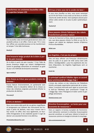 6EffiNews DÉCHETS 30|03|15 # 69
Transformez vos anciennes bouteilles vides
en superbes lampes LED
Vos bouteilles vides terminent généralement dans une
poubelle prévue à cet effet, n'est-ce pas ? Et si vous
leur offriez une seconde jeunesse en les transformant
en lampes ? Une idée lumineuse.
Buzzly.fr
Une brasserie belge produit de la bière à par-
tir de pain invendu
De la bière à partir de pain invendu ? C'est l'idée de
jeunes brasseurs belges qui luttent intelligemment
contre le gaspillage alimentaire et remettent au goût
du jour une méthode de brasserie ancestrale.
Agro-media.fr
Une chasse au trésor pour produire moins de
déchets !
France Nature Environnement, en partenariat avec
l’ADEME, lance la deuxième édition de la chasse au
trésor des initiatives originales permettant d’éviter la
production de déchets.
Fne.asso.fr
D’Arts et déchets !
Nous vous avions déjà parlé de ces génies magnifiques
et paraguayens qui réalisent des instruments de mu-
sique à partir de déchets, mais nous n’avons rien à
leur envier. En effet, chez nous également, on four-
mille d’imagination et de créativité quand il s’agit de
donner une seconde fonction à nos détritus.
Provocateurdesourires.com
10 trucs à faire avec de la cendre de bois !
Si vous vous chauffez au bois, vous aurez remarqué
qu’à la fin de l’hiver il vous reste sur les bras un certain
volume de cendre de bois. Voici quelques astuces pour
utiliser cette cendre et ne plus la jeter systématique-
ment.
Toutvert.fr
Deux paysans chinois fabriquent des robots
Transformers grandeur nature
C’est au fin fond de la Chine, dans la province du Hu-
nan, que deux paysans chinois Yu Zhilin et son fils Yu
Lingyun ont réalisé les répliques exactes d’Optimus
Prime et BumbleBee.
W3sh.com
Les lingettes, c’est pas du propre
Elles ont beau afficher une frimousse rafraîchissante
dans les pubs et se parer de mille vertus dont celle
d’être « biodégradable », pour les exploitants des sta-
tions d’épuration, les lingettes hygiéniques sont un
cauchemar.
Lesoir.be
Le principal syndicat hôtelier signe un accord
pour promouvoir le « doggy-bag »
L’Union des métiers et des industries de l’hôtellerie
(Umih), principale organisation patronale de la restau-
ration, a annoncé mercredi avoir signé un accord avec
la start-up TakeAway pour promouvoir l’usage du
« doggy bag » dans l’Hexagone et lutter contre le gas-
pillage alimentaire.
Hotelseconews.com
Directive Ecoconception : un levier pour une
économie de ressources ?
Dans un rapport, le bureau européen de l'environne-
ment démontre comment la directive Ecoconception
pourrait constituer un outil pour réduire le besoin en
ressources comme en énergie et stimuler le recyclage.
Actu-environnement.com
 