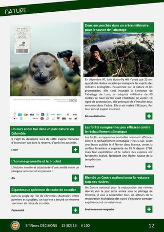 12EffiNews DÉCISIONS 15|02|16 # 100
Un ours andin tué dans un parc naturel en
Colombie
Il s’agit du deuxième ours de cette espèce menacée
d’extinction tué dans la réserve, d’après les autorités.
Lesoir
L’homme-grenouille et le brochet
L’histoire insolite et attachante d’une amitié entre un
plongeur amateur et un poisson !
Rts
Gigantesque spécimen de crabe de cocotier
Dans la jungle de l’île de Christmas (Australie), entre
palmiers et cocotiers, un touriste a trouvé un énorme
spécimen de crabe de cocotier.
Parismatch
Deux ans perchée dans un arbre millénaire
pour le sauver de l’abattage
En décembre 97, Julia Butterfly Hill n’avait que 23 ans
quand elle réalisa un acte qui marquera les esprits des
militants écologistes. Passionnée par la nature et les
promenades, elle s’est insurgée à l’annonce de
l’abattage de Luna, un séquoia millénaire de 60
mètres de haut qu’elle avait l’habitude de visiter. En
signe de protestation, elle prévoyait de s’installer deux
semaines dans l’arbre. Elle y est restée 738 jours. Re-
tour sur cet exploit inspirant.
Mrmondialisation
Les forêts européennes peu efficaces contre
le réchauffement climatique
Les forêts européennes sont-elles vraiment efficaces
contre le réchauffement climatique ? Pas si sûr. Selon
une étude publiée le 4 février dans Science, certes la
surface forestière a augmenté de 10 % depuis 1750,
mais leur exploitation et la nature des espèces ont
fortement évolué, favorisant une légère hausse de la
température.
Euractiv
Bientôt un Centre national pour la restaura-
tion des rivières
Un Centre national pour la restauration des rivières
devrait voir le jour cette année sous le pilotage de
l'Onema. Il vise à rassembler tous les acteurs de la
restauration écologique des cours d'eau pour partager
expériences et connaissances.
Environnement-magazine
 