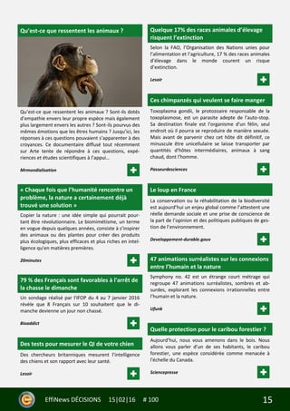 15EffiNews DÉCISIONS 15|02|16 # 100
Qu’est-ce que ressentent les animaux ?
Qu’est-ce que ressentent les animaux ? Sont-ils dotés
d’empathie envers leur propre espèce mais également
plus largement envers les autres ? Sont-ils pourvus des
mêmes émotions que les êtres humains ? Jusqu’ici, les
réponses à ces questions pouvaient s’apparenter à des
croyances. Ce documentaire diffusé tout récemment
sur Arte tente de répondre à ces questions, expé-
riences et études scientifiques à l’appui…
Mrmondialisation
« Chaque fois que l’humanité rencontre un
problème, la nature a certainement déjà
trouvé une solution »
Copier la nature : une idée simple qui pourrait pour-
tant être révolutionnaire. Le biomimétisme, un terme
en vogue depuis quelques années, consiste à s’inspirer
des animaux ou des plantes pour créer des produits
plus écologiques, plus efficaces et plus riches en intel-
ligence qu’en matières premières.
20minutes
79 % des Français sont favorables à l'arrêt de
la chasse le dimanche
Un sondage réalisé par l'IFOP du 4 au 7 janvier 2016
révèle que 8 Français sur 10 souhaitent que le di-
manche devienne un jour non chassé.
Bioaddict
Des tests pour mesurer le QI de votre chien
Des chercheurs britanniques mesurent l’intelligence
des chiens et son rapport avec leur santé.
Lesoir
Quelque 17% des races animales d’élevage
risquent l’extinction
Selon la FAO, l’Organisation des Nations unies pour
l’alimentation et l’agriculture, 17 % des races animales
d’élevage dans le monde courent un risque
d’extinction.
Lesoir
Ces chimpanzés qui veulent se faire manger
Toxoplasma gondii, le protozoaire responsable de la
toxoplasmose, est un parasite adepte de l'auto-stop.
Sa destination finale est l'organisme d'un félin, seul
endroit où il pourra se reproduire de manière sexuée.
Mais avant de parvenir chez cet hôte dit définitif, ce
minuscule être unicellulaire se laisse transporter par
quantités d'hôtes intermédiaires, animaux à sang
chaud, dont l'homme.
Passeurdesciences
Le loup en France
La conservation ou la réhabilitation de la biodiversité
est aujourd’hui un enjeu global comme l’attestent une
réelle demande sociale et une prise de conscience de
la part de l’opinion et des politiques publiques de ges-
tion de l’environnement.
Developpement-durable.gouv
47 animations surréalistes sur les connexions
entre l’humain et la nature
Symphony no. 42 est un étrange court métrage qui
regroupe 47 animations surréalistes, sombres et ab-
surdes, explorant les connexions irrationnelles entre
l’humain et la nature.
Ufunk
Quelle protection pour le caribou forestier ?
Aujourd’hui, nous vous amenons dans le bois. Nous
allons vous parler d’un de ses habitants, le caribou
forestier, une espèce considérée comme menacée à
l'échelle du Canada.
Sciencepresse
 