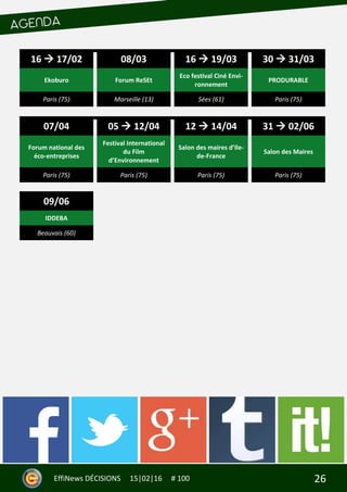 26EffiNews DÉCISIONS 15|02|16 # 100
16  17/02 08/03 16  19/03 30  31/03
Ekoburo Forum ReSEt
Eco festival Ciné Envi-
ronnement
PRODURABLE
Paris (75) Marseille (13) Sées (61) Paris (75)
07/04 05  12/04 12  14/04 31  02/06
Forum national des
éco-entreprises
Festival International
du Film
d’Environnement
Salon des maires d’Ile-
de-France
Salon des Maires
Paris (75) Paris (75) Paris (75) Paris (75)
09/06
IDDEBA
Beauvais (60)
 