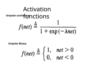 Activation
functions
Unipolar continuous
Unipolar Binary
 