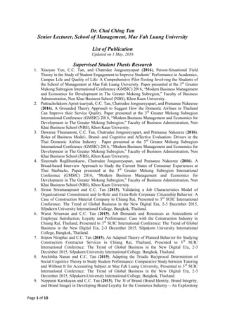 Page 1 of 10
Dr. Chai Ching Tan
Senior Lecturer, School of Management, Mae Fah Luang University
List of Publication
Updated on 1 May, 2016
Supervised Student Thesis Research
1. Xiaoyao Yue, C.C. Tan, and Chatridee Jongsureyapart (2016), Person-Situational Field
Theory in the Study of Student Engagement to Improve Students’ Performance in Academics,
Campus Life and Quality of Life: A Comprehensive Pilot-Testing Involving the Students of
the School of Management at Mae Fah Luang University. Paper presented at the 3rd
Greater
Mekong Subregion International Conference (GMSIC) 2016, “Modern Business Management
and Economics for Development in The Greater Mekong Subregion,” Faculty of Business
Administration, Non Khai Business School (NBS), Khon Kaen University.
2. Pattracholakorn Apisit-isariyah, C.C. Tan, Chatrudee Jongsureyapart, and Pratsanee Nakeeree
(2016), A Grounded Theory Approach to Suggest How the Domestic Airlines in Thailand
Can Improve their Service Quality. Paper presented at the 3rd
Greater Mekong Subregion
International Conference (GMSIC) 2016, “Modern Business Management and Economics for
Development in The Greater Mekong Subregion,” Faculty of Business Administration, Non
Khai Business School (NBS), Khon Kaen University.
3. Dawaree Theenanont, C.C. Tan, Chatrudee Jongsureyapart, and Pratsanee Nakeeree (2016).
Roles of Business Model-, Brand- and Cognitive and Affective Evaluation- Drivers in the
Thai Domestic Airline Industry . Paper presented at the 3rd
Greater Mekong Subregion
International Conference (GMSIC) 2016, “Modern Business Management and Economics for
Development in The Greater Mekong Subregion,” Faculty of Business Administration, Non
Khai Business School (NBS), Khon Kaen University.
4. Sineenath Rugkhumkaew, Chatrudee Jongsureyapart, and Pratsanee Nakeeree (2016). A
Broad-based Interview Approach to Study the Current States of Consumer Experiences at
Thai Starbucks. Paper presented at the 3rd
Greater Mekong Subregion International
Conference (GMSIC) 2016, “Modern Business Management and Economics for
Development in The Greater Mekong Subregion,” Faculty of Business Administration, Non
Khai Business School (NBS), Khon Kaen University.
5. Sirirat Srirattanaprasit and C.C. Tan (2015), Validating a Job Characteristics Model of
Organizational Commitment and In-Role and Extra-Role Corporate Citizenship Behavior: A
Case of Construction Material Company in Chiang Rai, Presented to 3rd
SUIC International
Conference: The Trend of Global Business in the New Digital Era, 2-3 December 2015,
Silpakorn University International College, Bangkok, Thailand.
6. Warut Srisuwan and C.C. Tan (2015), Job Demands and Resources as Antecedents of
Employee Satisfaction, Loyalty and Performance: Case with the Construction Industry in
Chiang Rai, Thailand, Presented to 3rd
SUIC International Conference: The Trend of Global
Business in the New Digital Era, 2-3 December 2015, Silpakorn University International
College, Bangkok, Thailand.
7. Ittipon Niraphai and C.C. Tan (2015), An Adapted Theory of Planned Behavior for Studying
Construction Contractor Services in Chiang Rai, Thailand, Presented to 3rd
SUIC
International Conference: The Trend of Global Business in the New Digital Era, 2-3
December 2015, Silpakorn University International College, Bangkok, Thailand.
8. Anchittha Nanan and C.C. Tan (2015), Adapting the Triadic Reciprocal Determinism of
Social Cognitive Theory to Study Student Performance: Comparative Study between Tutoring
and Without It for Accounting Subject at Mae Fah Luang University, Presented to 3rd
SUIC
International Conference: The Trend of Global Business in the New Digital Era, 2-3
December 2015, Silpakorn University International College, Bangkok, Thailand.
9. Nopparat Karnkayan and C.C. Tan (2015), The 3I of Brand (Brand Identity, Brand Integrity,
and Brand Image) in Developing Brand Loyalty for the Cosmetics Industry – An Exploratory
 