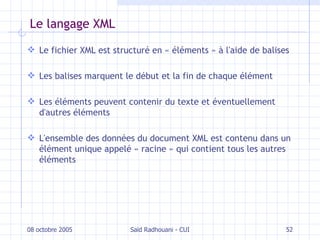 Le langage XML Le fichier XML est structuré en « éléments » à l'aide de balises Les balises marquent le début et la fin de chaque élément Les éléments peuvent contenir du texte et éventuellement d'autres éléments L'ensemble des données du document XML est contenu dans un élément unique appelé « racine » qui contient tous les autres éléments 08 octobre 2005 Saïd Radhouani - CUI 