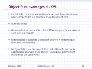 Objectifs et avantages du XML La lisibilité : aucune connaissance ne doit être nécessaire pour comprendre un contenu d'un document XML Autodescriptif Universalité et portabilité : les différents jeux de caractères sont pris en compte Extensibilité : capacité à pouvoir décrire n'importe quel domaine de données Intégrabilité : un document XML est utilisable par toute application pourvue d'un parser (un logiciel permettant d'analyser un code XML) 08 octobre 2005 Saïd Radhouani - CUI 