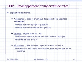 SPIP - Développement collaboratif de sites Séparation des tâches Webmaster     aspect graphique des pages HTML appelées " squelettes " modification de pages "squelettes" modification de feuilles de style CSS Éditeurs  : organisation du site création/modification de la hiérarchie des rubriques validation des articles Rédacteurs  : rédaction des pages à l’intérieur du site utilisent la hiérarchie de rubriques mais ne peuvent pas la modifier 08 octobre 2005 Saïd Radhouani - CUI 