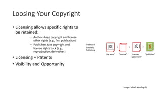 Loosing Your Copyright
• Licensing allows specific rights to
be retained:
• Authors keep copyright and license
other rights (e.g., first publication)
• Publishers take copyright and
license rights back (e.g.,
reproduction, derivatives)
• Licensing + Patents
• Visibility and Opportunity
Image: Micah Vandegrift
 