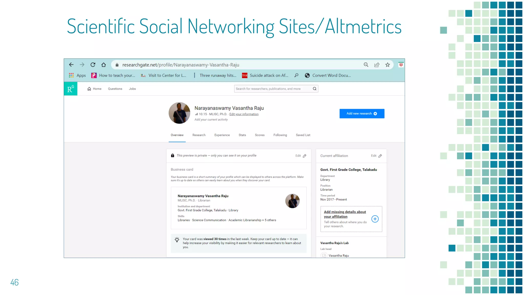 Scientific Social Networking Sites/Altmetrics
46
 