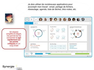 Un espace
simplifié et intégré,
me permet de me
concentrer et agir
rapidement sur
les points
critiques en un
coup d’oeil
Je dois utiliser de nombreuses applications pour
accomplir mon travail : email, partage de fichiers,
réseautage, agenda, liste de tâches, bloc-notes, etc.
 