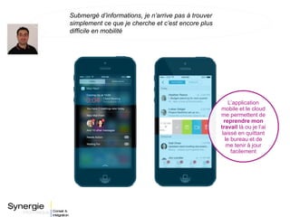 L’application
mobile et le cloud
me permettent de
reprendre mon
travail là ou je l’ai
laissé en quittant
le bureau et de
me tenir à jour
facilement
Submergé d’informations, je n’arrive pas à trouver
simplement ce que je cherche et c’est encore plus
difficile en mobilité
 