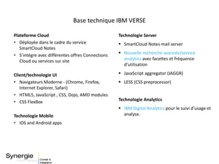 Base technique IBM VERSE
Plateforme Cloud
• Déployée dans le cadre du service
SmartCloud Notes
• S’intègre avec différentes offres Connections
Cloud ou services sur site
Client/technologie UI
• Navigateurs Moderne - (Chrome, Firefox,
Internet Explorer, Safari)
• HTML5, JavaScript , CSS, Dojo, AMD modules
• CSS FlexBox
Technologie Mobile
• iOS and Android apps
Technologie Server
 SmartCloud Notes mail server
 Nouvelle recherche avancée/service
analytics avec facettes et fréquence
d’utilisation
 JavaScript aggregator (JAGGR)
 LESS (CSS preprocessor)
Technologie Analytics
 IBM Digital Analytics pour le suivi d’usage et
analyse.
 