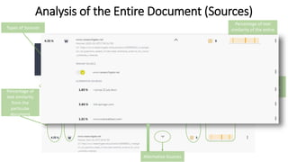 Analysis of the Entire Document (Sources)
Percentage of text
similarity of the entire
document
Types of Sources
Type of Source of
the particular
document
Percentage of
text similarity
from the
particular
document
No. of matches from
the particular source
Location in the
document from the
similarity occurred
Alternative Sources
 
