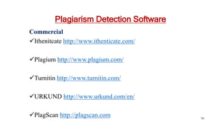 Plagiarism Detection Software
Commercial
Ithenitcate http://www.ithenticate.com/
Plagium http://www.plagium.com/
Turnitin http://www.turnitin.com/
URKUND http://www.urkund.com/en/
PlagScan http://plagscan.com 59
 